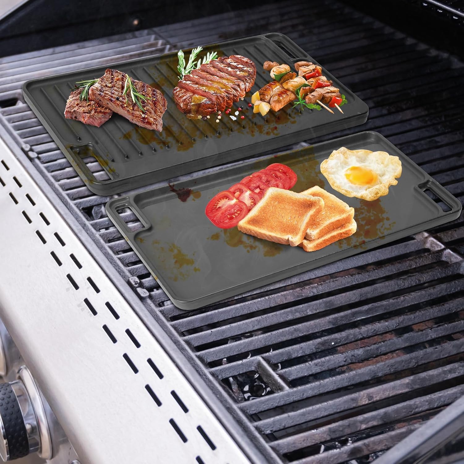 Large Cast Iron Griddle Insert, Universal Skillet, Oblong Grilling Pan for Stovetop,Pre-Seasoned Griddle Gas Stove Grill Plate Oven, 16.75" x 9.5" Reversible Pancake Pan for Weber,Charbroil etc.,1PC