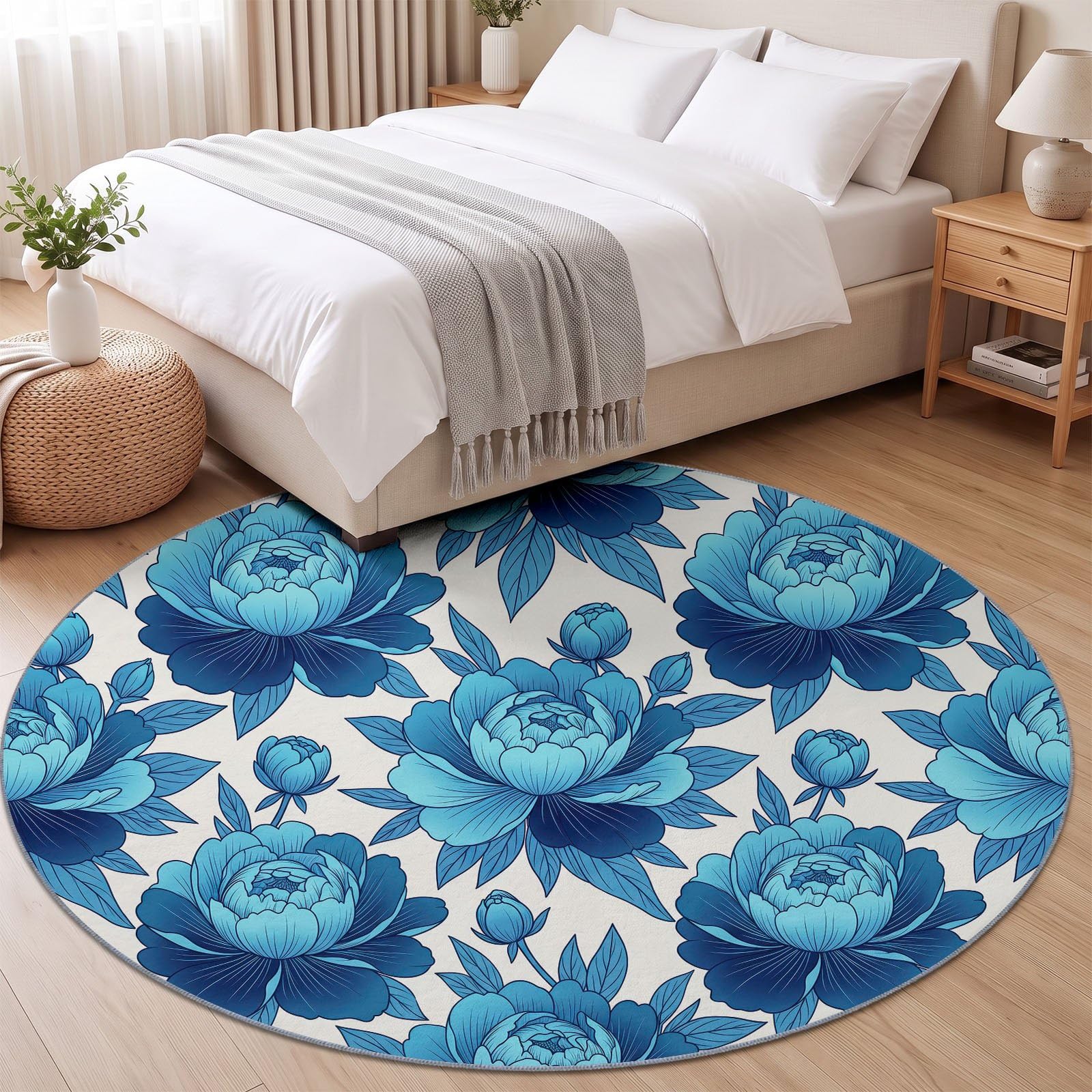 Tapis Rond Francais Campagne 120 cm, Pivoine Fleurs Feuilles Boutons Lavable en Machine pour Salon, Bleu Blanc Antidérapant, Poil Court Tapis Rond Imprimé pour Chambre d’Enfant Nurserie