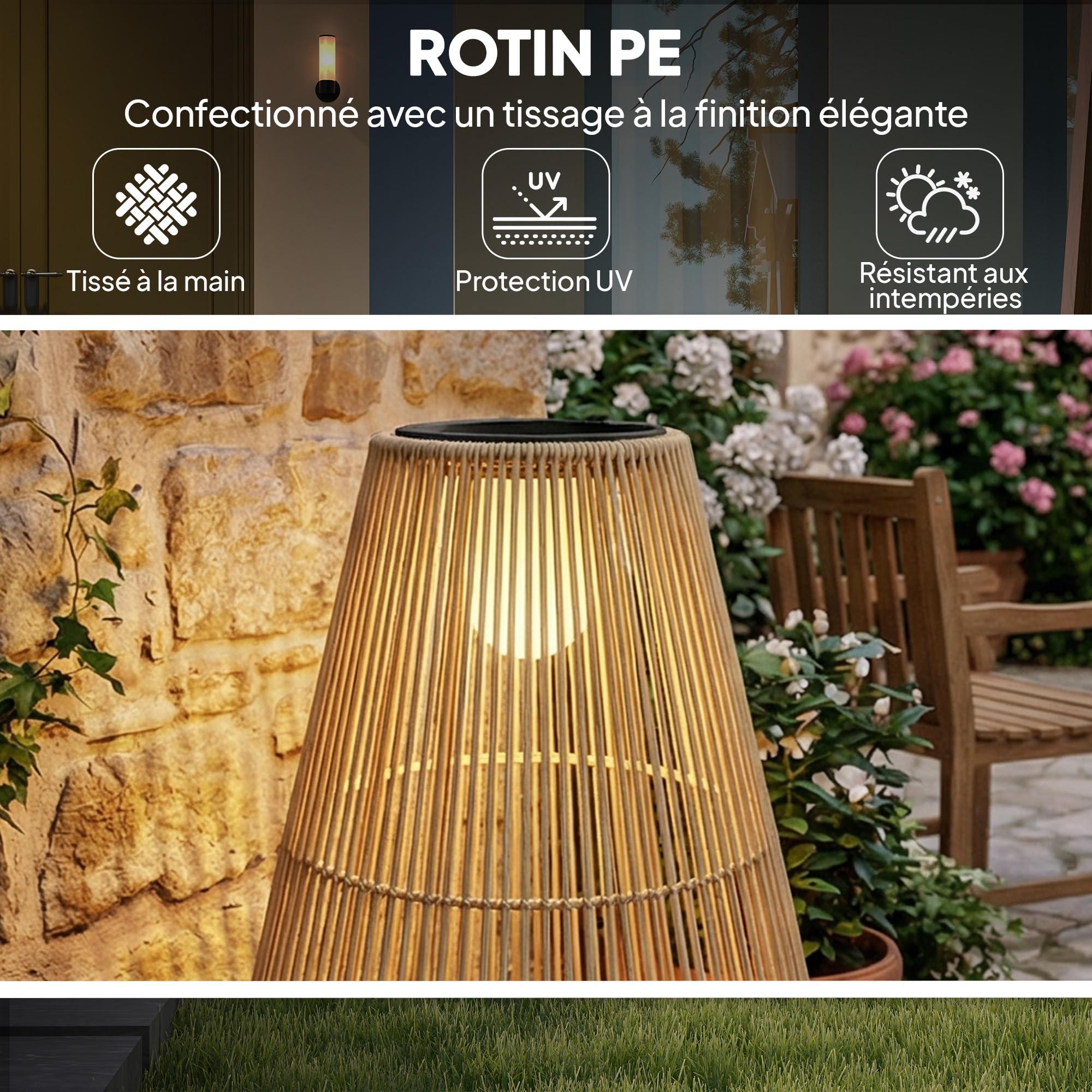 Outsunny - Linterna solar exterior de resina trenzada, lámpara de pie inalámbrica recargable con sensor de luz, lámpara de pie LED exterior, para jardín patio terraza, amarillo