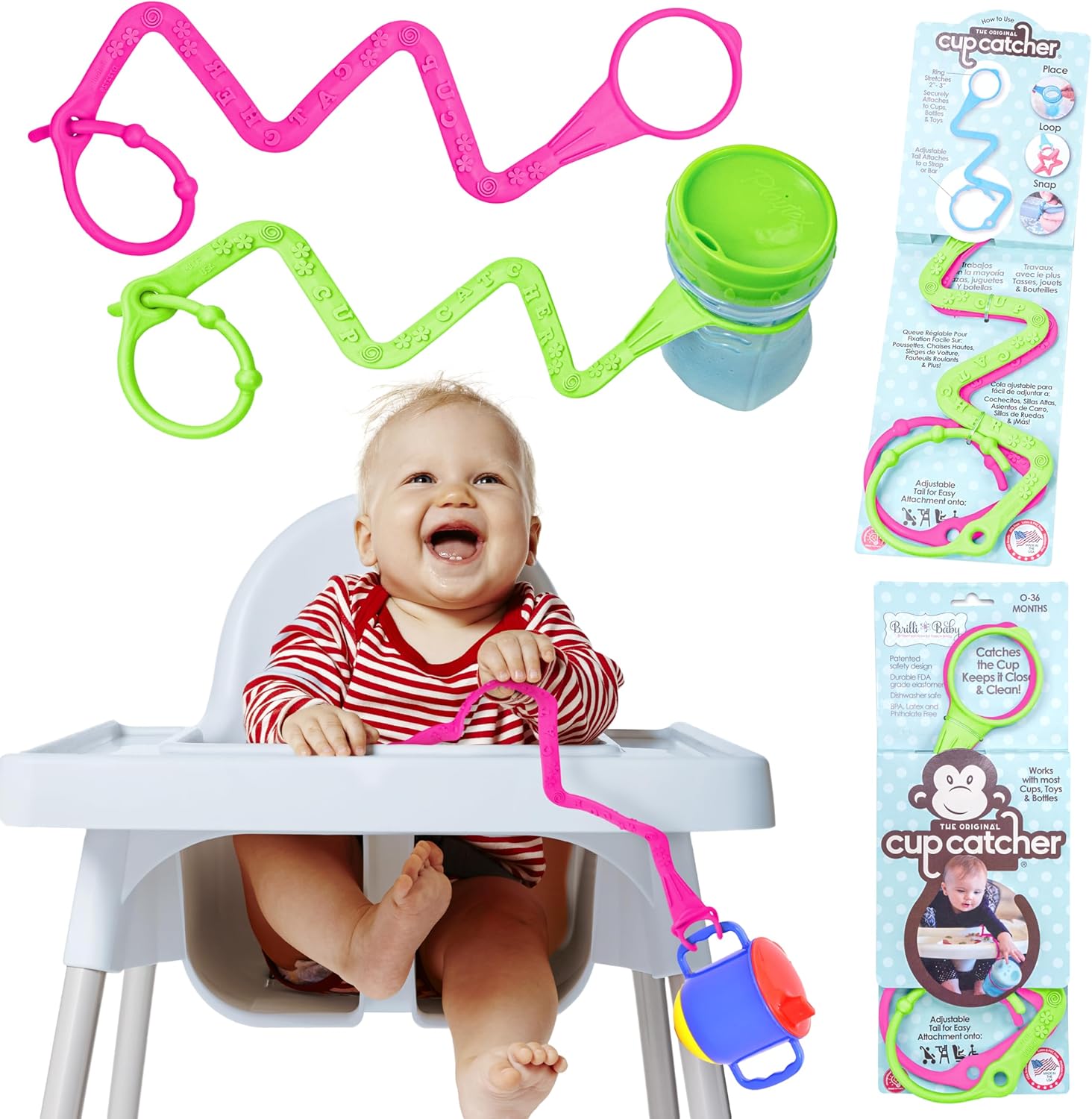 Brilli Baby Cup Catcher Patented Safety Tether Strap, Attach Sippy Cups, Bottles, Pacifiers & More to Stroller, High Chair, Car Seat, Made in USA, Food Grade, Dishwasher Safe, Pink/Lime