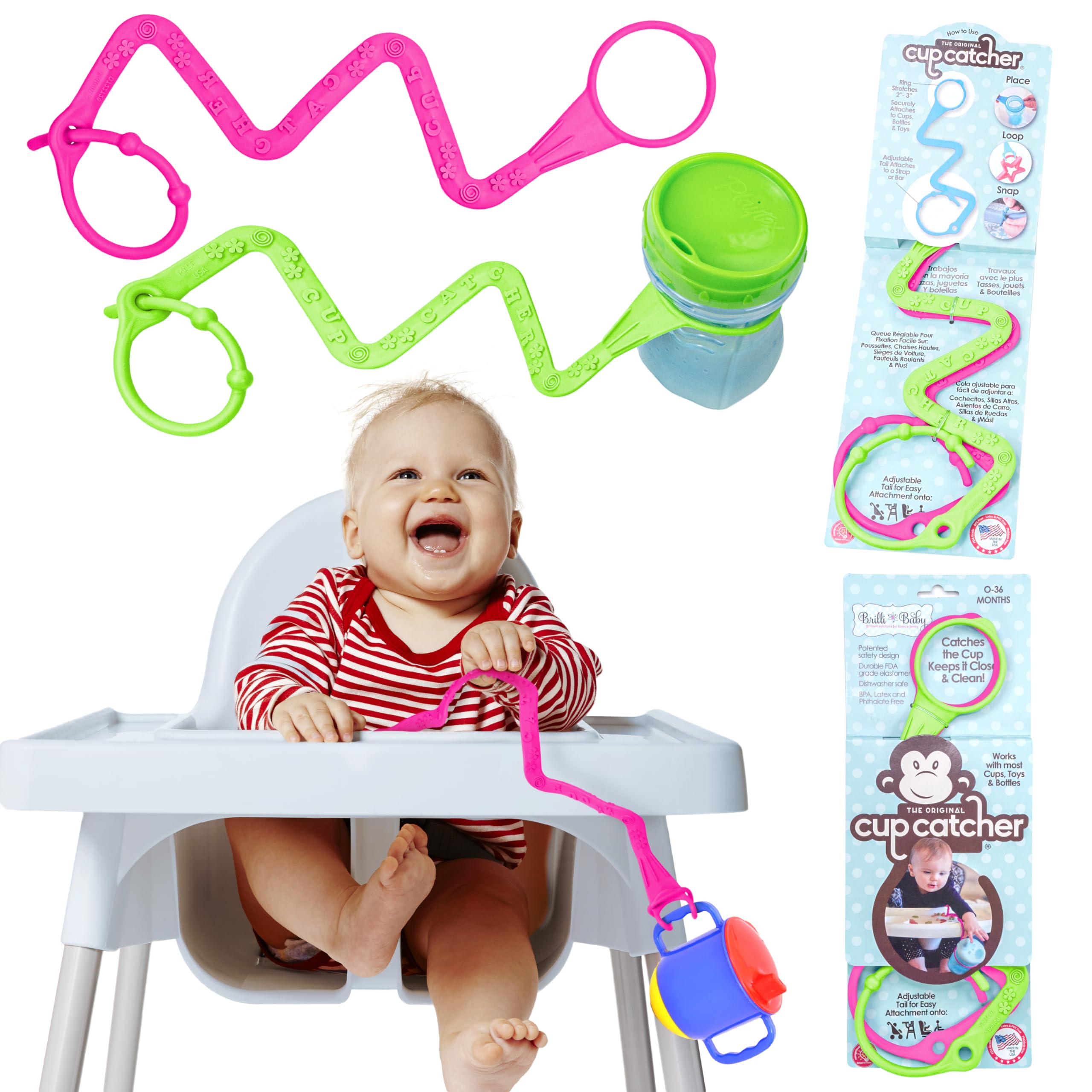 Brilli Baby Sippy Cup Catcher Set of 2 Bungee Tether for Bottle or Toy -Pacifier Holder Strap to Attach to Your Stroller - Leash to Secure Cups to High Chairs Springy Cord for Car Seat (Pink/Lime)-image-24