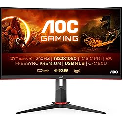 AOC C27G2ZU/BK - Monitor curvo gaming de 27" FullHD (1920x1080, 240Hz, 0,5 ms, 1500R, VA, FreeSync Premium, 300 cd/m, HDMI 2x2.0, Displayport 1x1.2) Negro/rojo