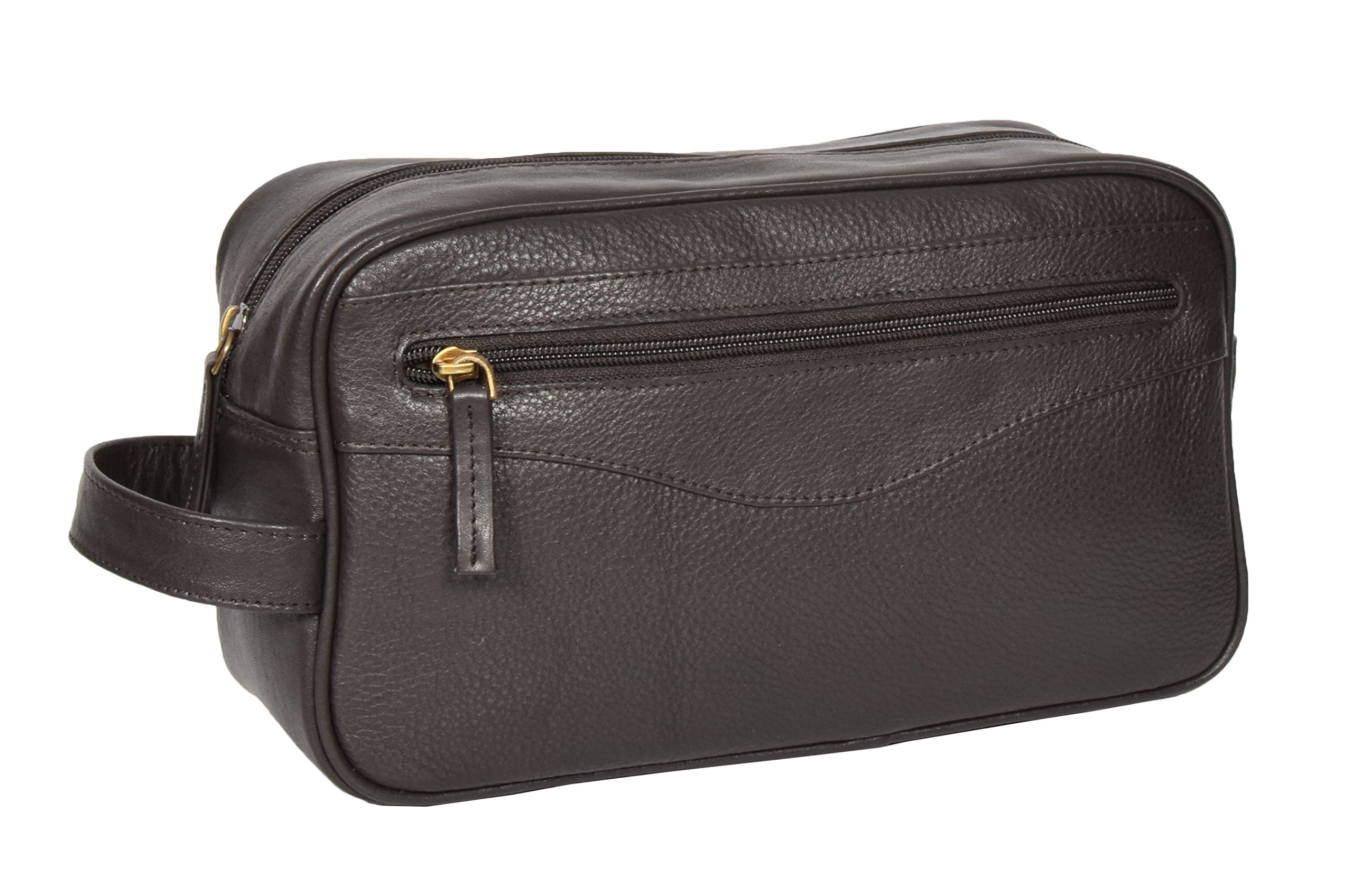 Wash Leather Bag for Mens Travel Toiletry Shaving Kit Wrist Leather Bag A98 Brown, Brown, M, Toiletry Travel Bag