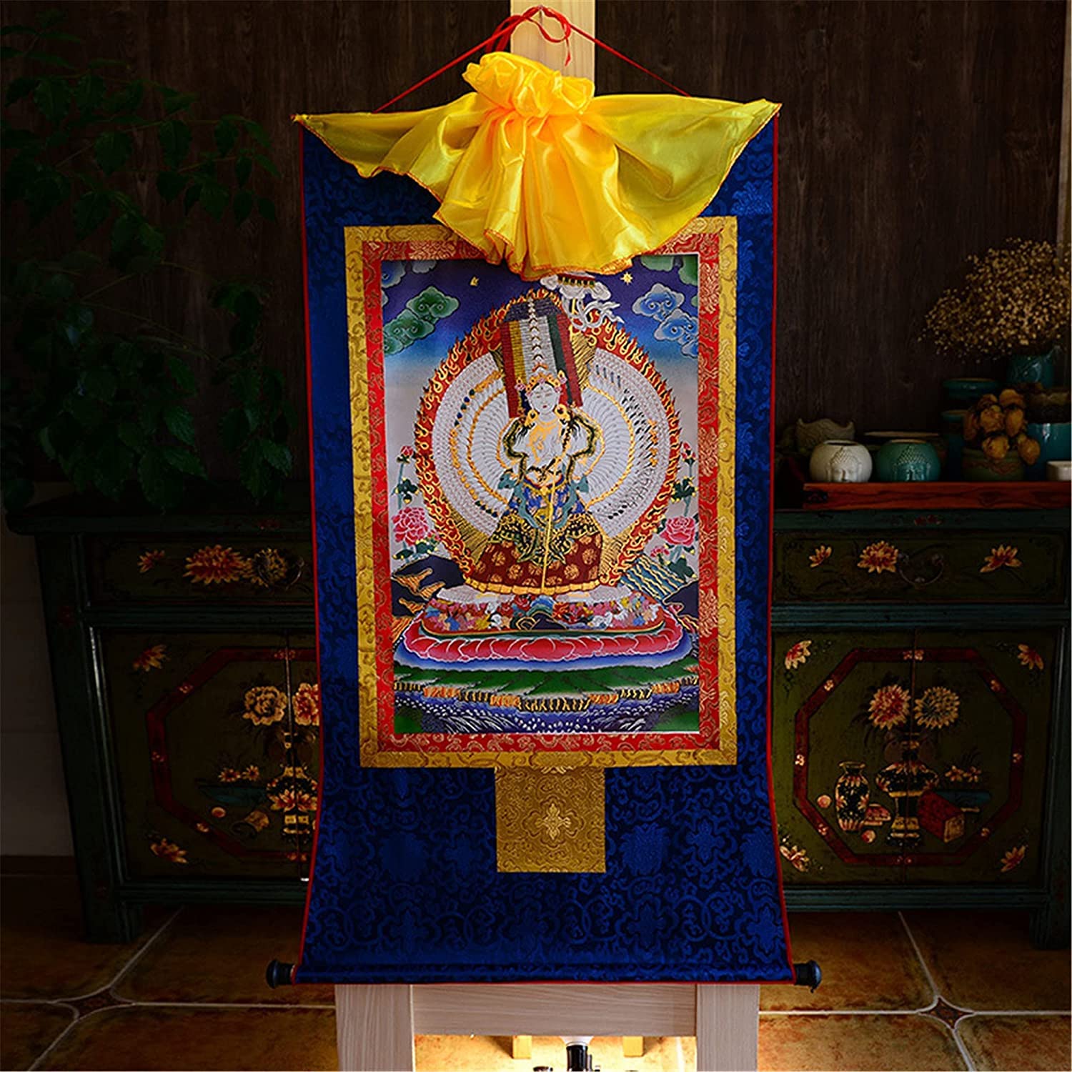 disegni di seta, Usnisa Sitatapatra, dipinto buddista Thangka in broccato, for la decorazione della casa Zen e meditazione(Red,35L x 20W cm)