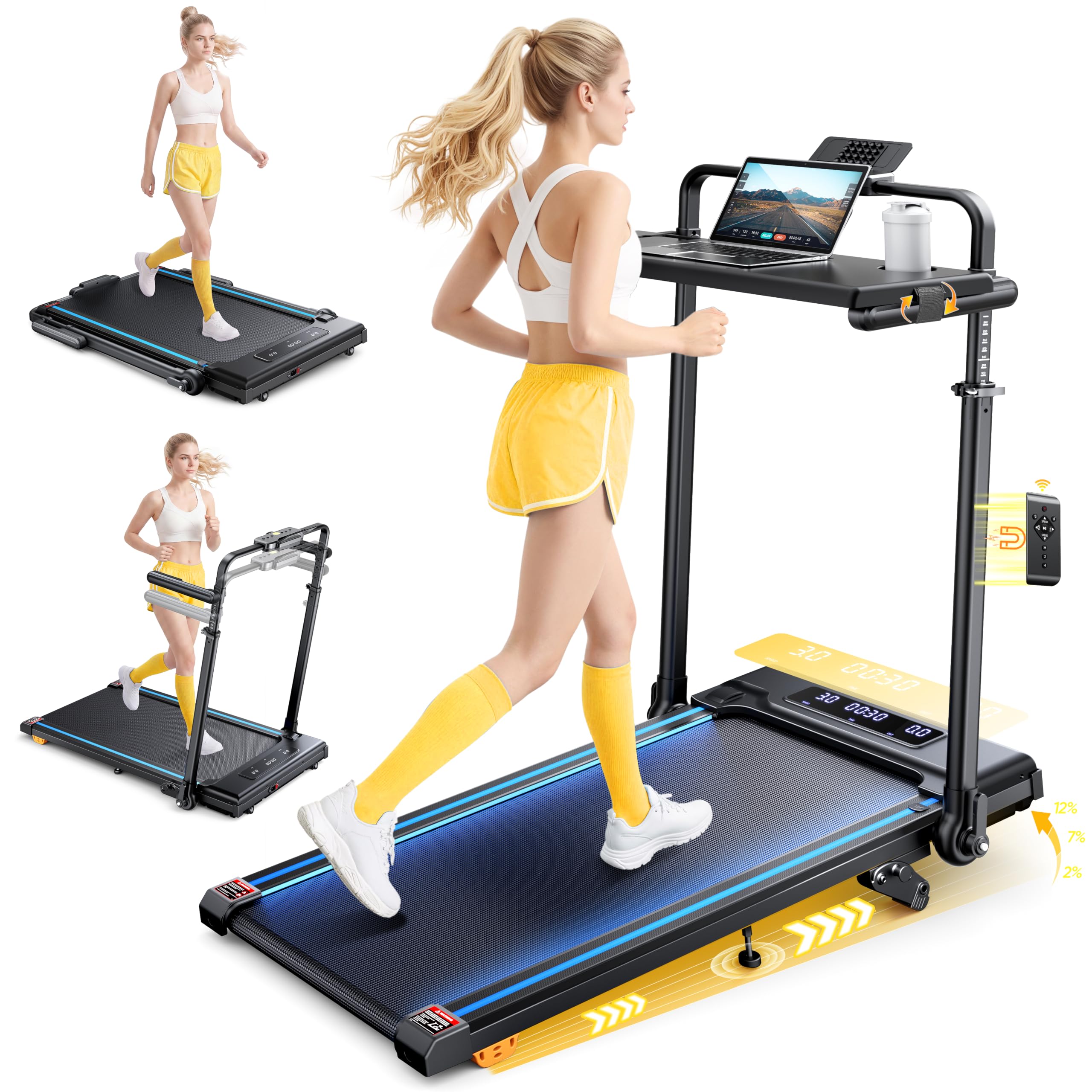 6-IN-1 Laufband für Zuhause Klappbar mit Abnehmbarem Tisch,3.0HP Laufbander mit Steigung bis 12%,12KM/H Walking Pad Klappbar mit 15cm Teleskop-Riser&RGB-Lichter,Laufband für Zuhause 150KG