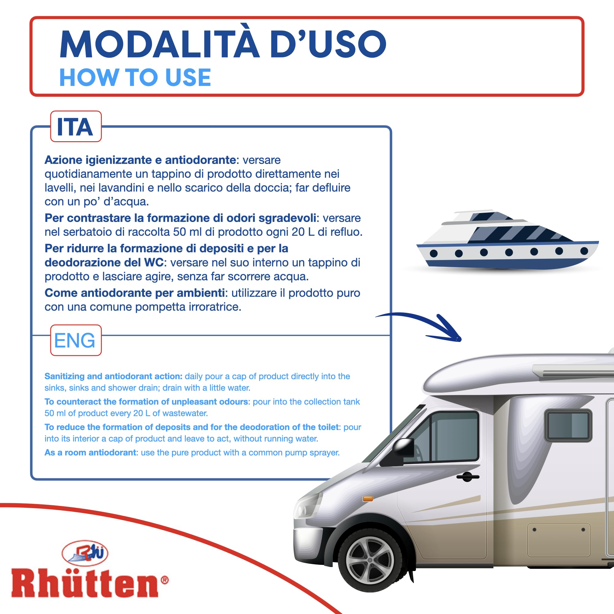 Rhutten Liquido Igienizzante per Acque Grigie Camper, Antiodorante e Igienizzante per Acque Chiare, 1L