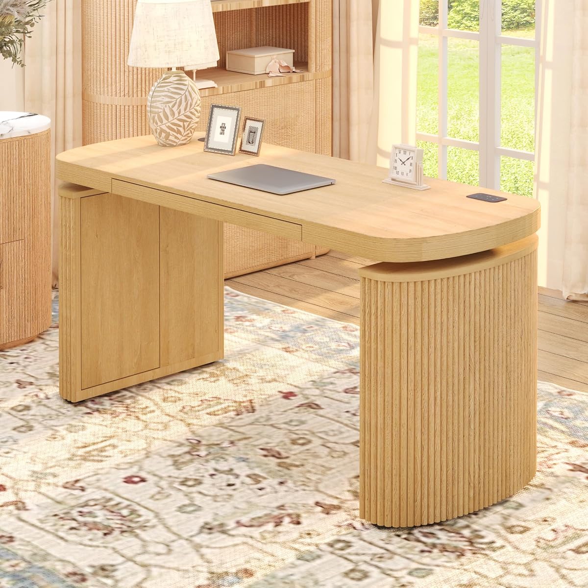 FLEXISPOT 55 x 24 Inch Executive Standing Desk with Drawer, Natural | Fluted Japandi Design, Hidden Storage, Wireless Charging, Touchscreen Controller, Cable Management, Fast 2-Step Assembly