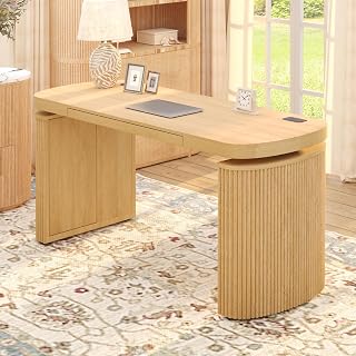 FLEXISPOT 55 x 24 Inch Executive Standing Desk with Drawer, Natural | Fluted Japandi Design, Hidden Storage, Wireless Charging, Touchscreen Controller, Cable Management, Fast 2-Step Assembly