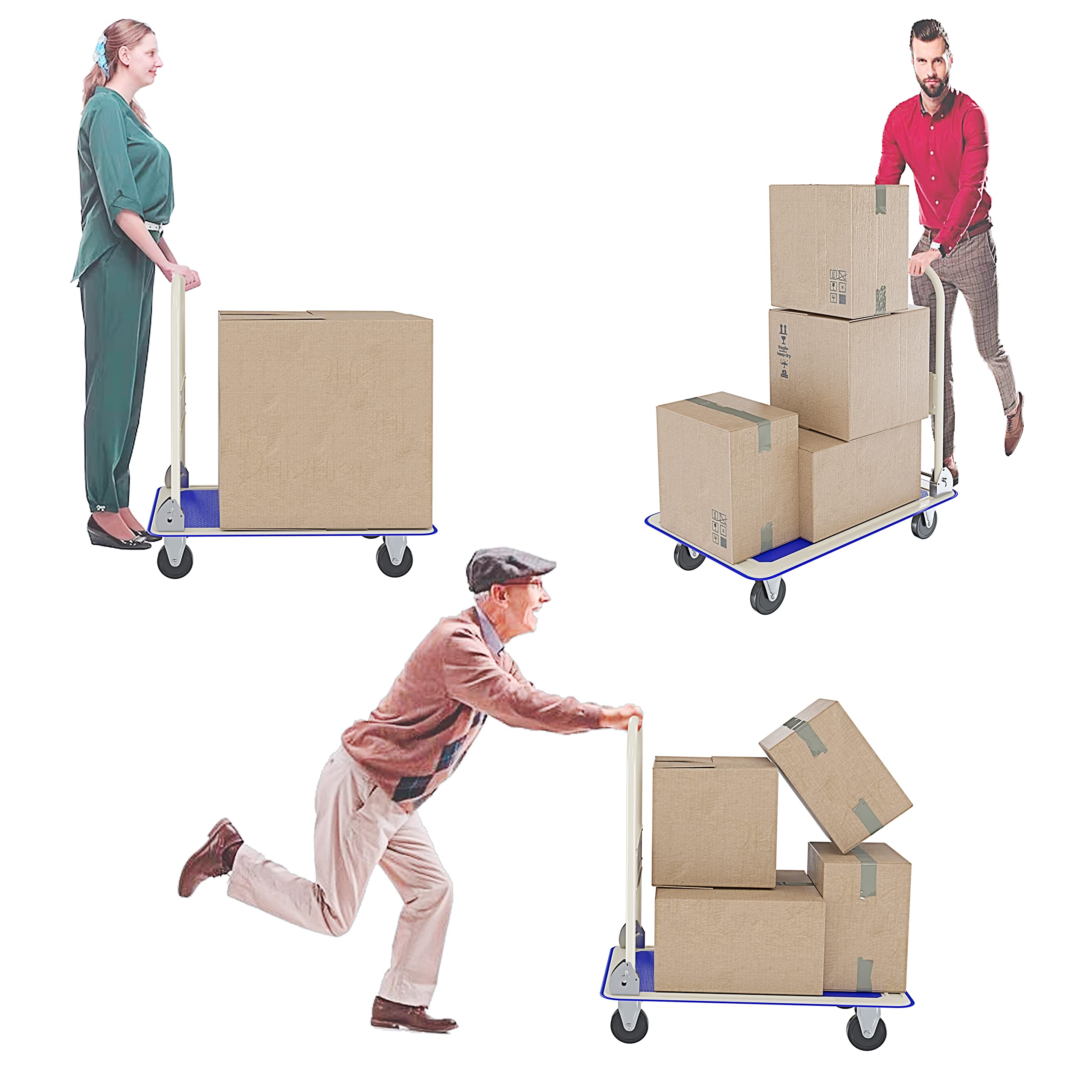 Carrello Richiudibile Pieghevole Tuttofare Portata 150 Kg Con 4 Ruote Carrellino Trasportatore A Piattaforma Pianale In Acciaio Rivestimento Antiscivolo Portapacchi Per Trasporto 82 x 48 x 72 Cm Blu