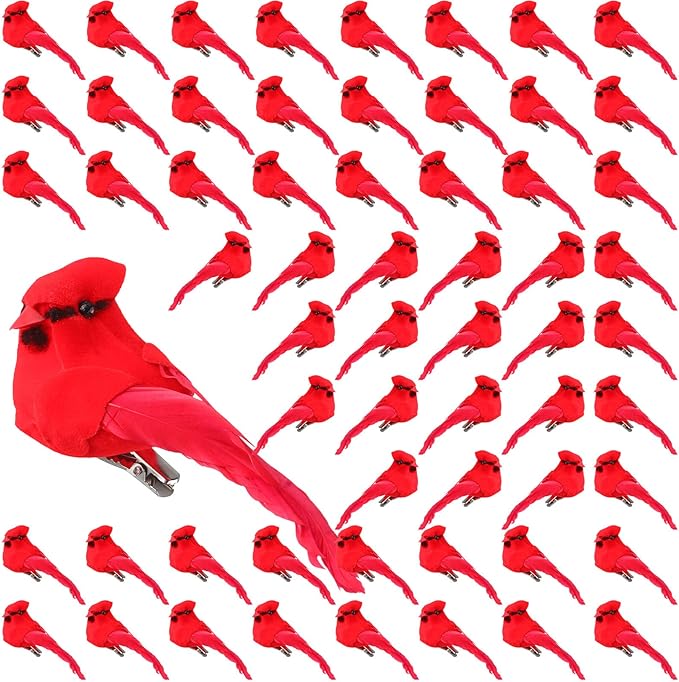 60 Pcs 2 Inch Christmas Red Birds Artificial Bird with
