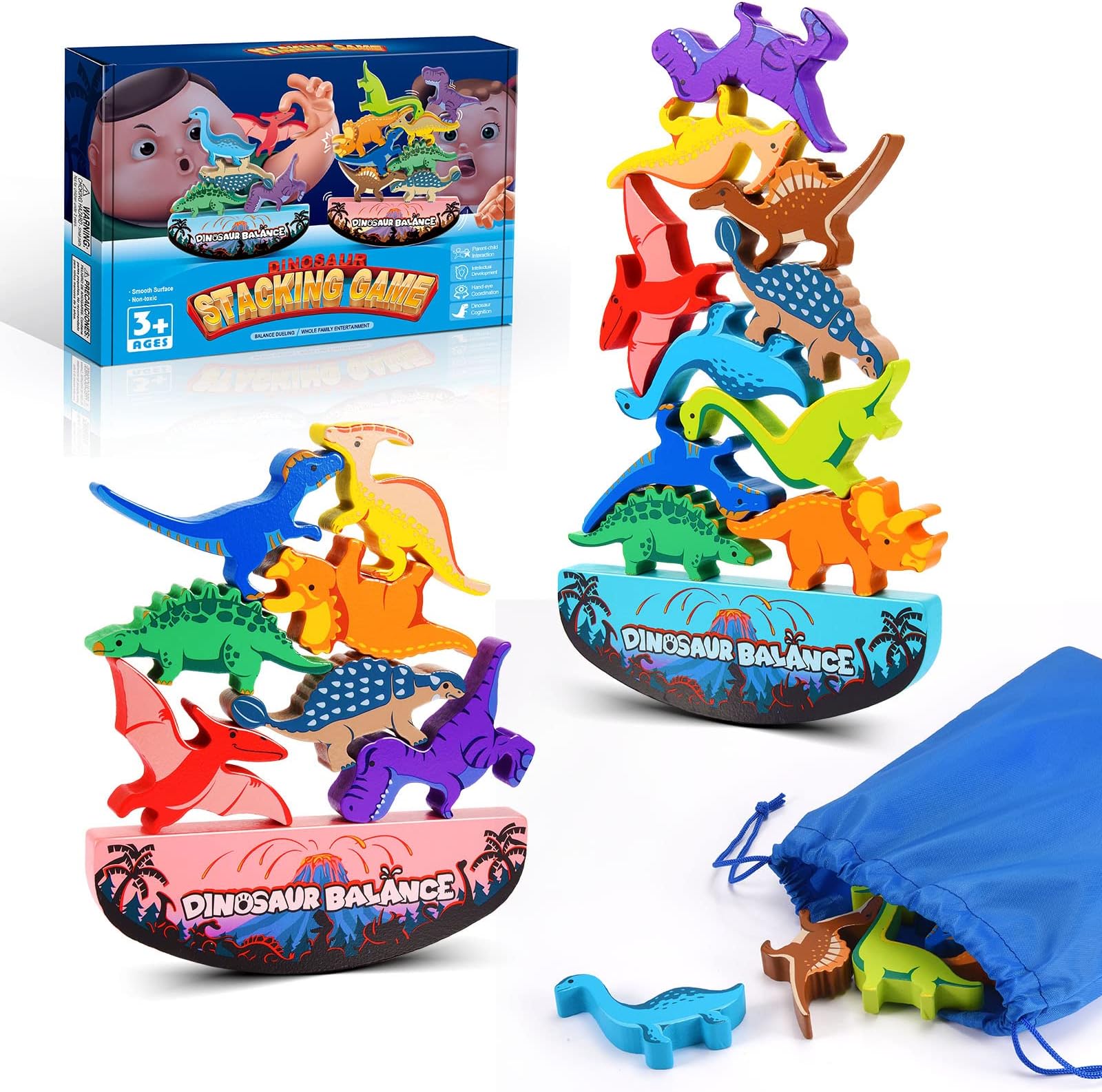 IPOURUP Dinosaur Toys for Kids 3-5: Wooden Stacking Montessori Toys for 3 4 5 6 7 8 Year Old Balance Competition Game for Family Ideal Christmas Birthday Gifts for Kids Ages 3-8 (Double Version)