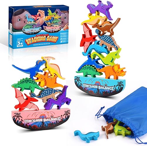 IPOURUP Juguetes de dinosaurio para niños de 3 a 5 años juguetes Montessori apilables de madera para niños de 3 a 7 años, juego de competencia de