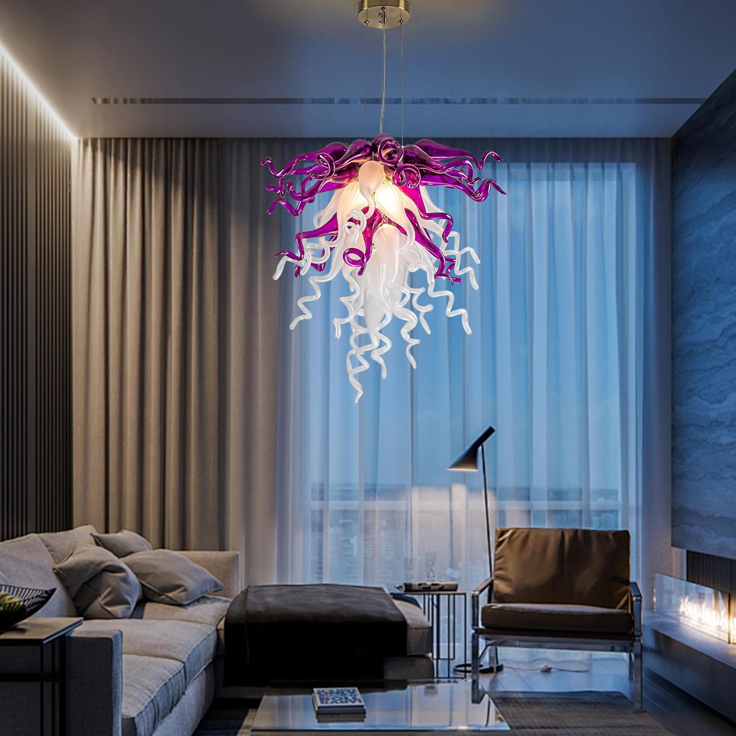 Hand Blown Glass Chandeliers Purple and White Art Deco Glass Chandelier, 4-Light Dia 20" Hanging Pendant Light Fixture for Dining Room, Entrance, Bedroom, Entryway, Foyer, Living Room