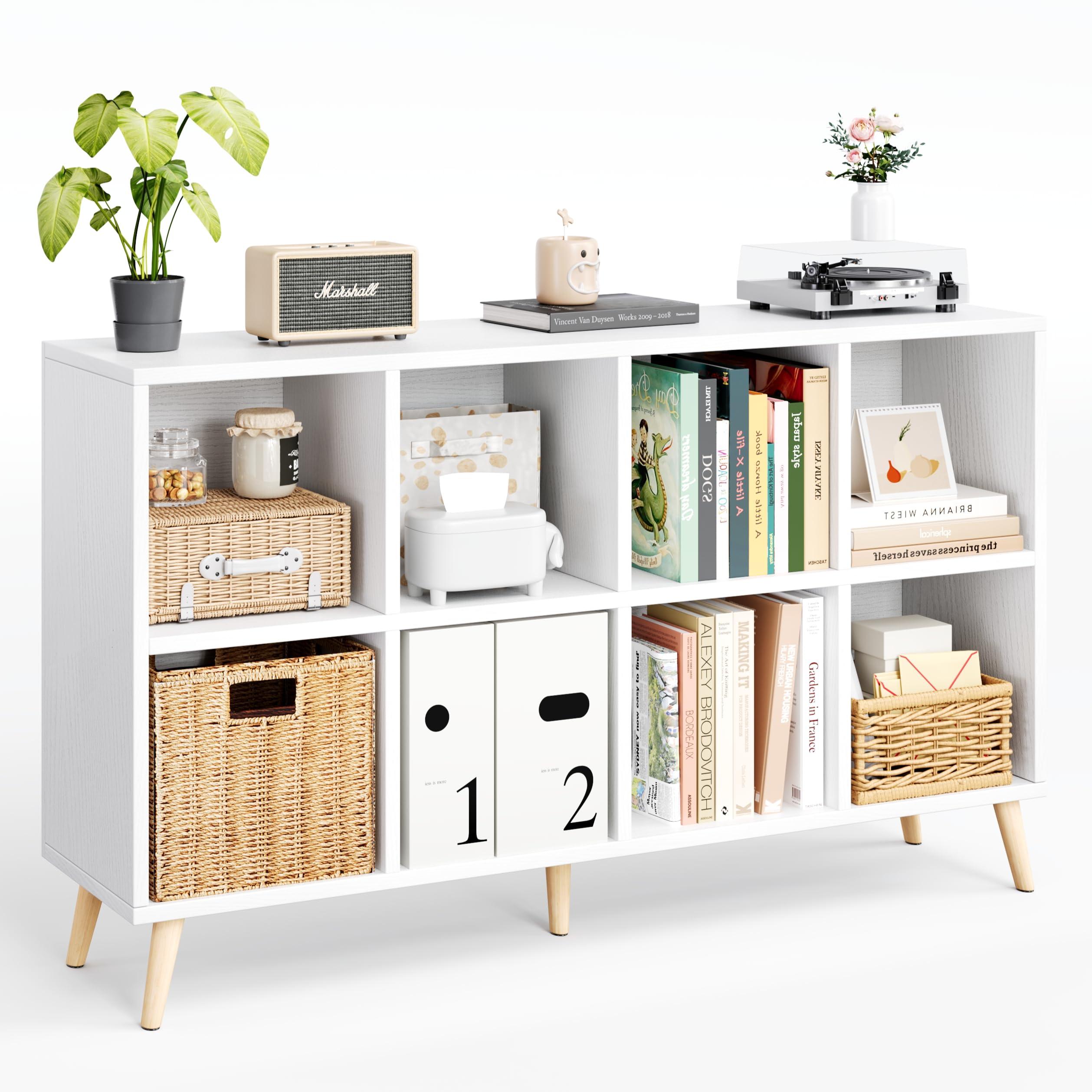 Photo 1 of ** sold as i no refund/return** see comments  Flrrtenv 8-Cube Bookshelf 2 Tier Modern Bookcase with Legs, 11in Shelf Opening, 47" Wood Bookshelves Storage Organizer Shelf, Freestanding Open Book Shelves for Bedroom Living Room Office, White