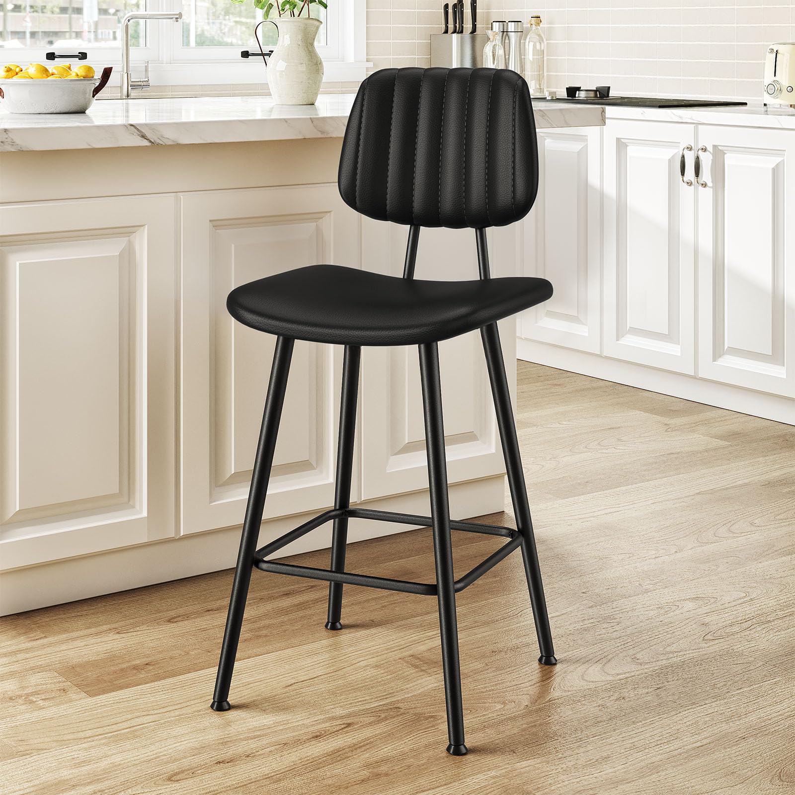Raynesys 24-Inch Leather Bar Stools, Counter Height Barstools with High Backrest，Bar Chairs for Kitchen Island with Heavy Duty Metal Legs, Black