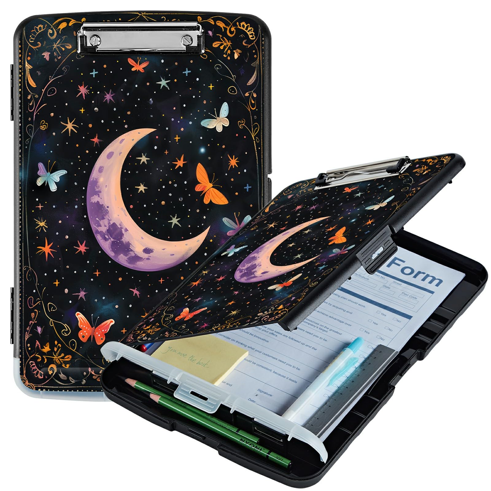 RWUTYTIUL A4 Clipboard with Storage Pen Holder, Clipboards Organizer Nursing Clipboard Foldable File Folder Plastic Clipboard Folio Clip Board for Office Work Classroom Doctor, Butterfly Dark Moon