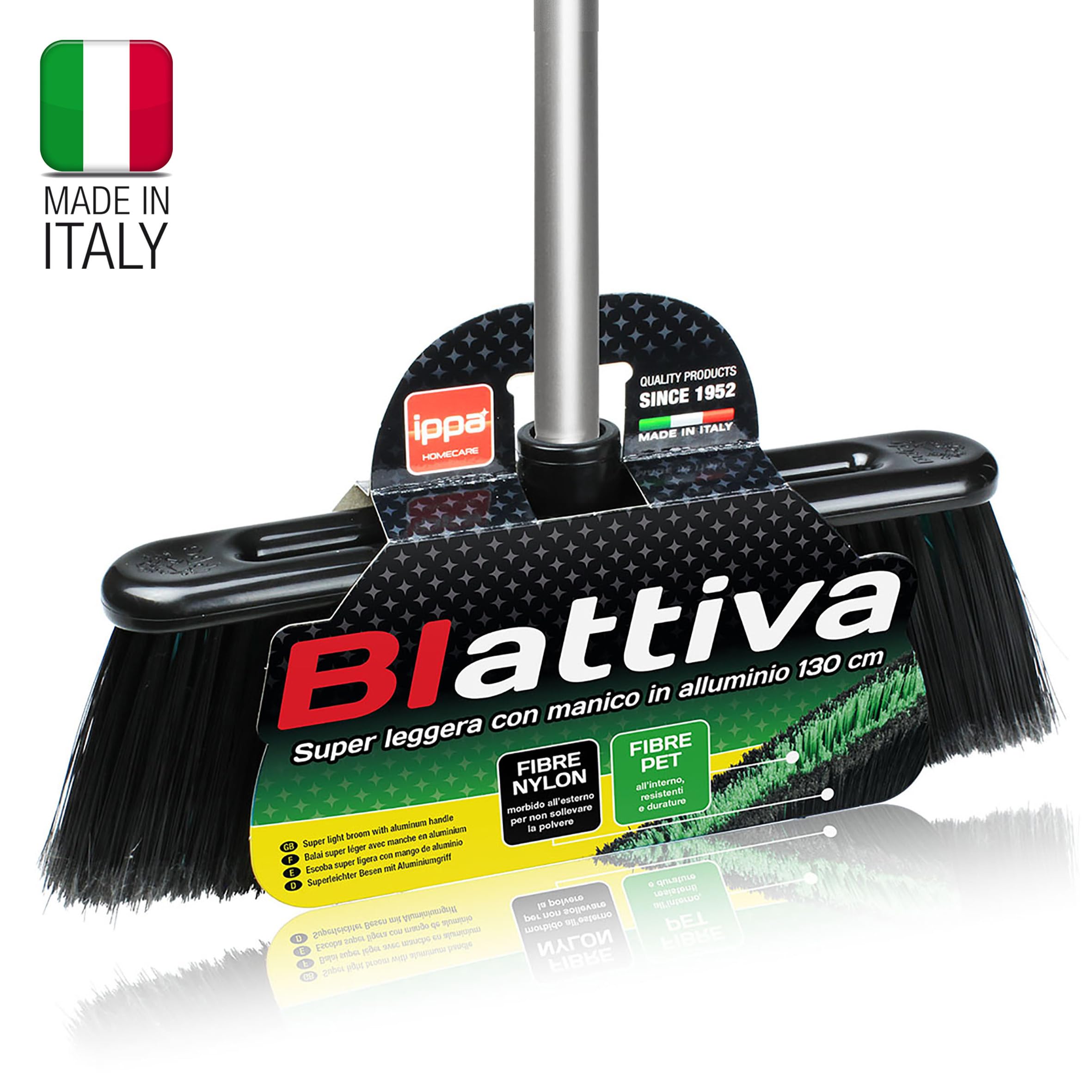 Scopa biattiva per interni. Manico in alluminio. Doppia setola. Altezza totale 140 cm. Superleggera. 100% made in Italy.