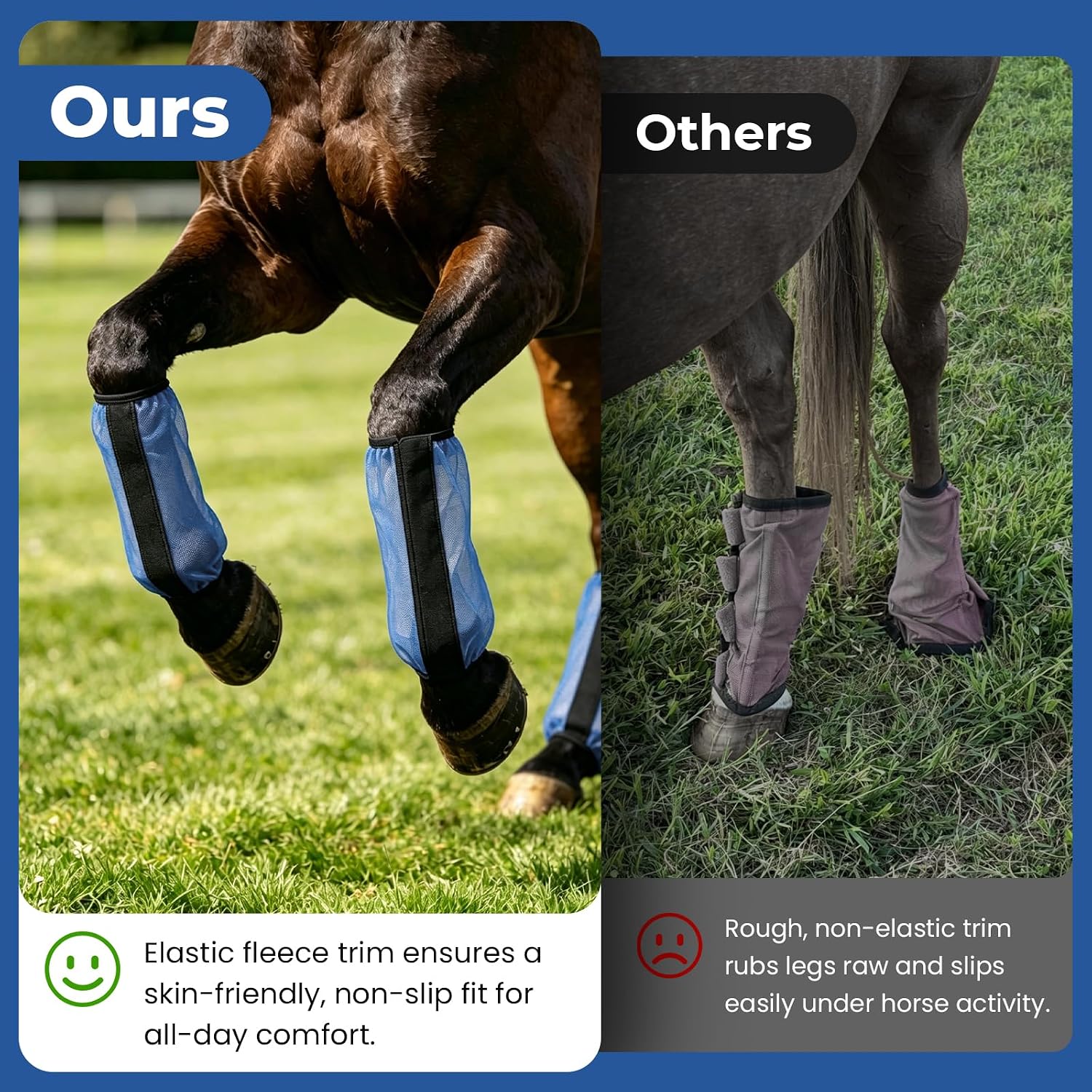Universal Size Horse Fly Boots - Fine Mesh Stomping Reduction Leggings with Nylon Stays, Fleece Trim, Quick-Grip (4 Pack, Dark Blue).