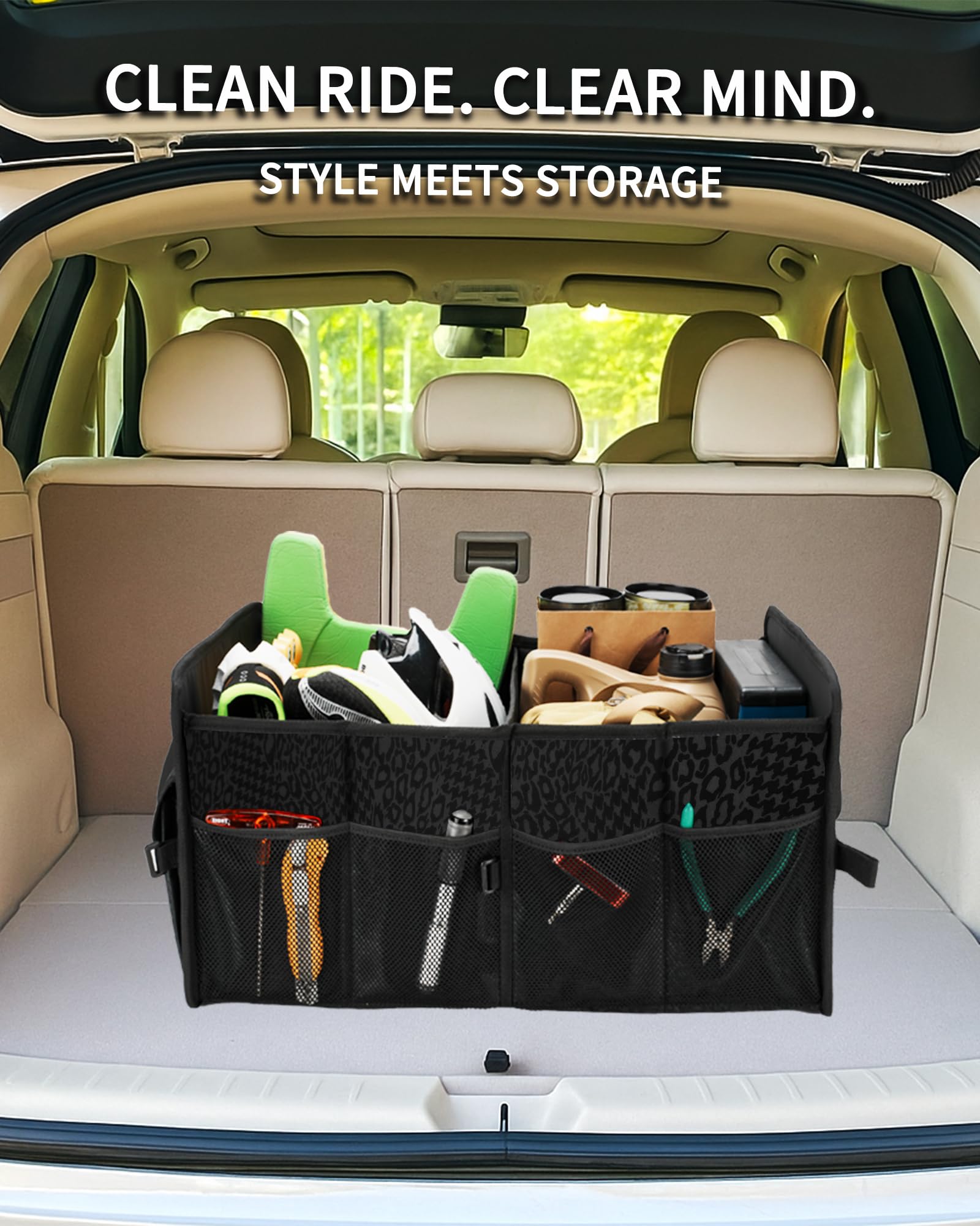 Sturdy Car Trunk Organizer – Large Capacity Trunk Organizer for SUVs & Sedans, Hard-Shell One-Piece Design with Cute Print, Collapsible and Durable Car Organizers (Black Leopard 70L)