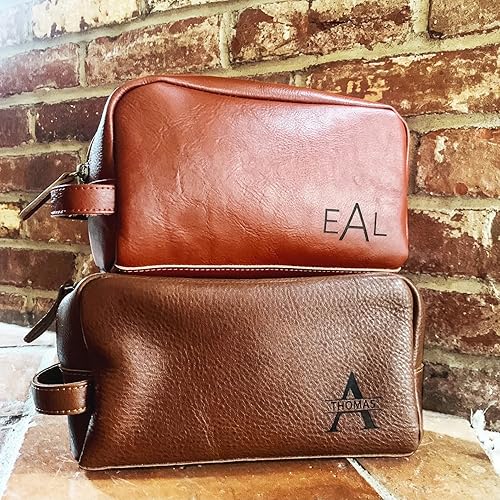 Miniatura 2 de Danique Jewelry Neceser personalizado de cuero genuino, kit de Dopp para hombre, bolsa para hombre grabada con monograma o nombre, Marrón, Neceser