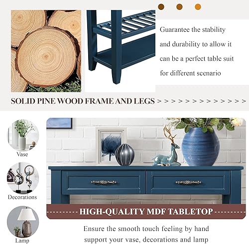 Miniatura 6 de P PURLOVE Mesa de sofá estilo retro para entrada con 2 cajones y estante para muebles de sala de estar (azul marino)