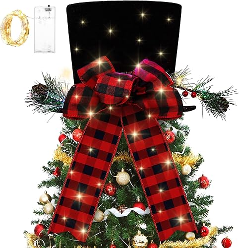 Lazo de cinta para árbol de Navidad a cuadros de búfalo con tira de luces para árbol de Navidad, hogar, escritorio, decoración de vacaciones