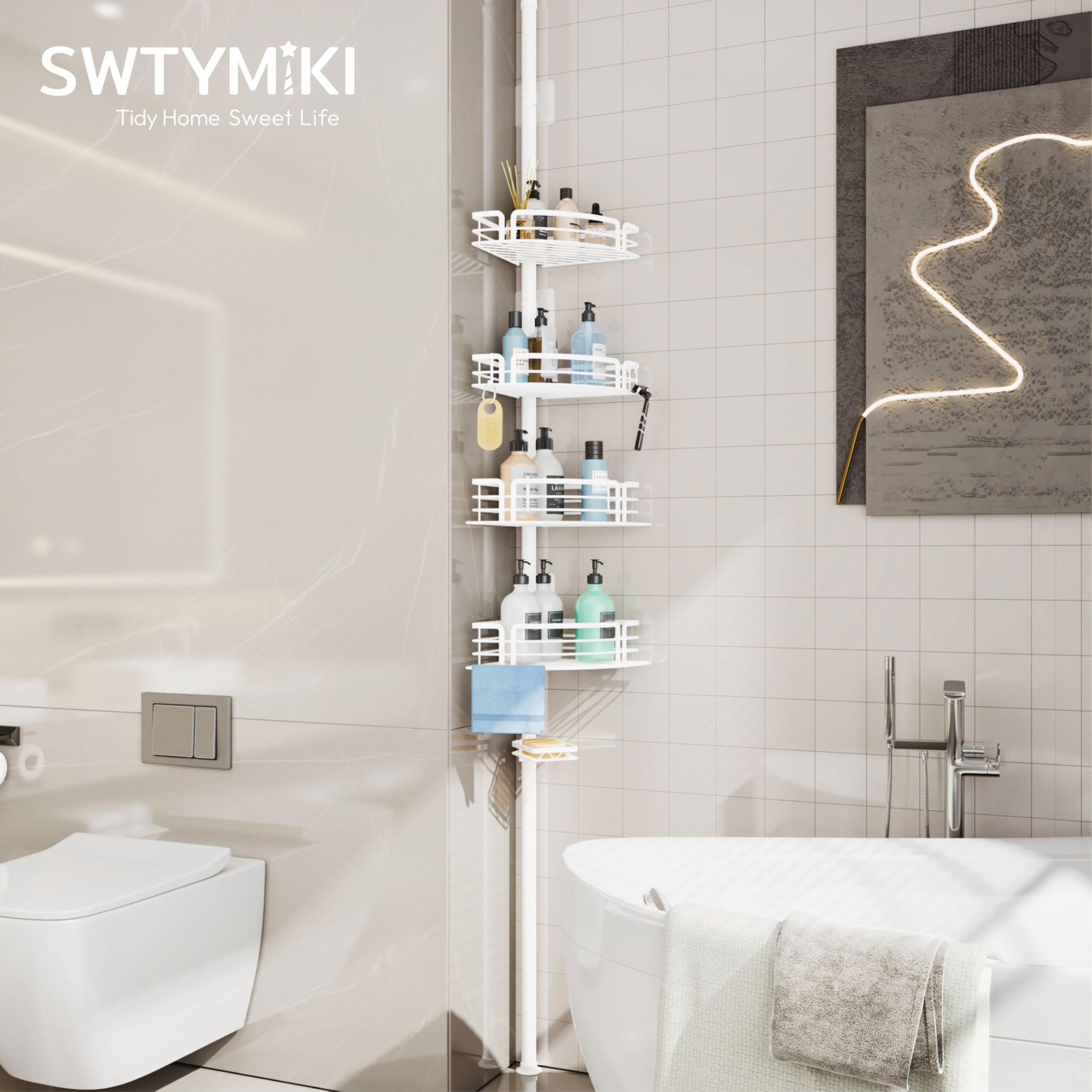 SWTYMIKI Duschablage ohne Bohren Ecke - Teleskop Duschregal Ecke, 70-267cm | Höhenverstellbar Duscheckregal Teleskop, Rostfrei Teleskop Badregal Shampoo Halterung für Dusche mit 4 Körben, Edelstahl