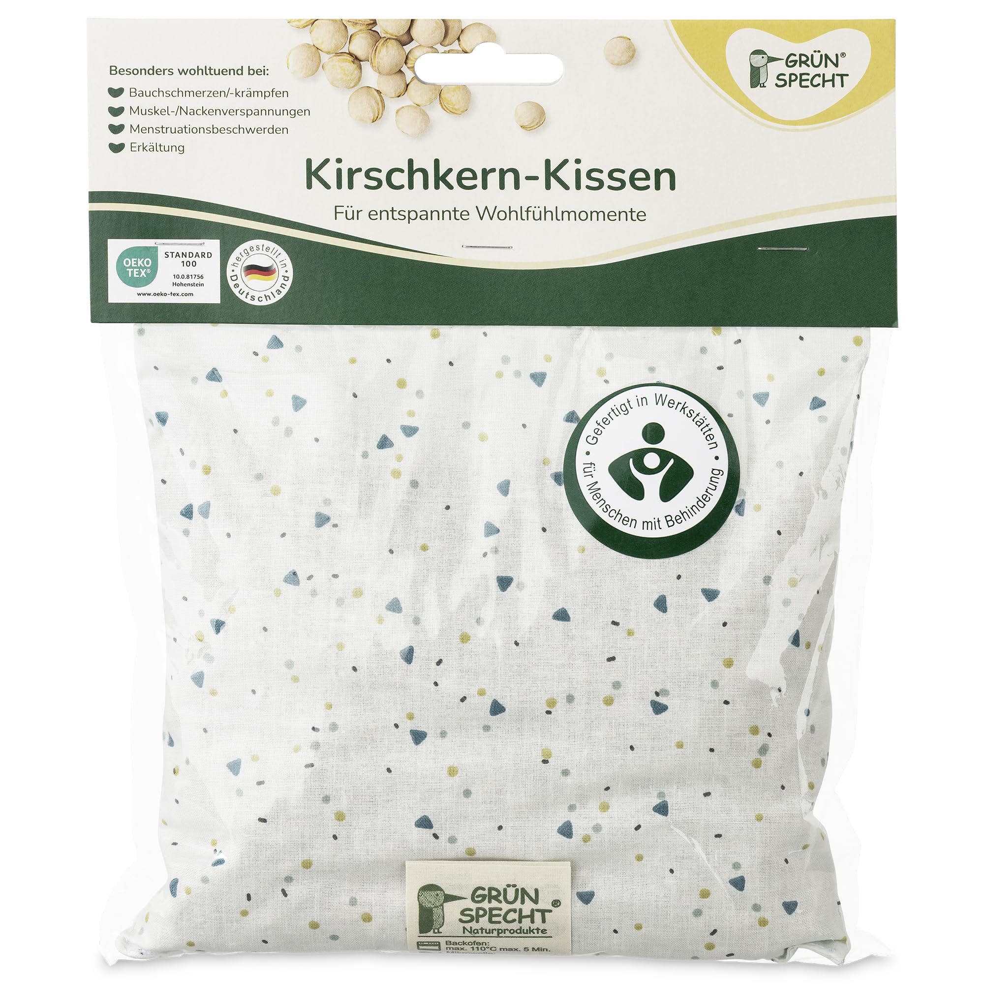 GRÜNSPECHT Coussin chauffant noyaux de cerises 19 x 19 cm Housse coton micro-ondes four vert