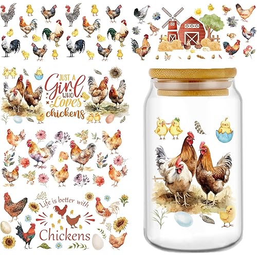 Rngmsi UV DTF Cup Wrap - 5 Sheets Chicken UV DTF Cup Wraps for 16 oz Farm Uvdtf Cup Wraps Animal UV DTF Decals Personalized UV DTF Wraps for Glass Cups Wood Crafts
