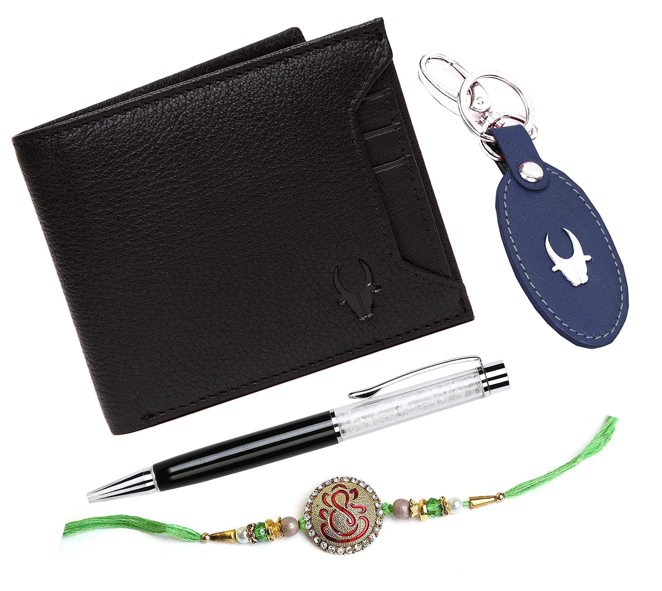 WildHorn Rakhi Gift Hamper for Brother - Classic Men's Combo/Gift Set of Leather Wallet, Keyring, Pen and Rakhi for Brother/Bhaiya. (Black C)