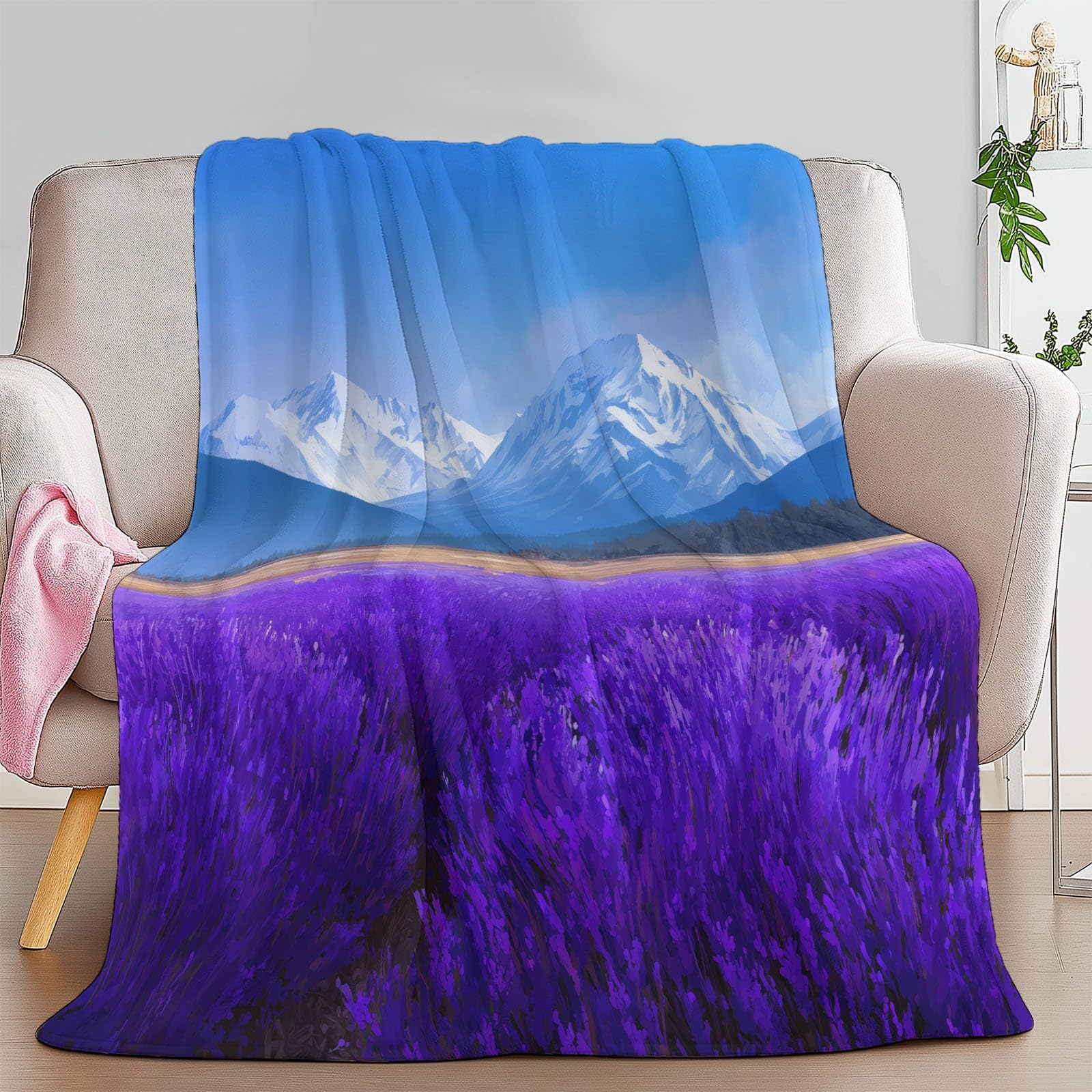 Lazurowy niebieski koc narzuta z nadrukiem w pole lawendy 221 x 239 cm, super miękki flanelowy koc na łóżko, lekka, puszysta, pluszowa pościel na sofę i podróż, 220 x 240 cm
