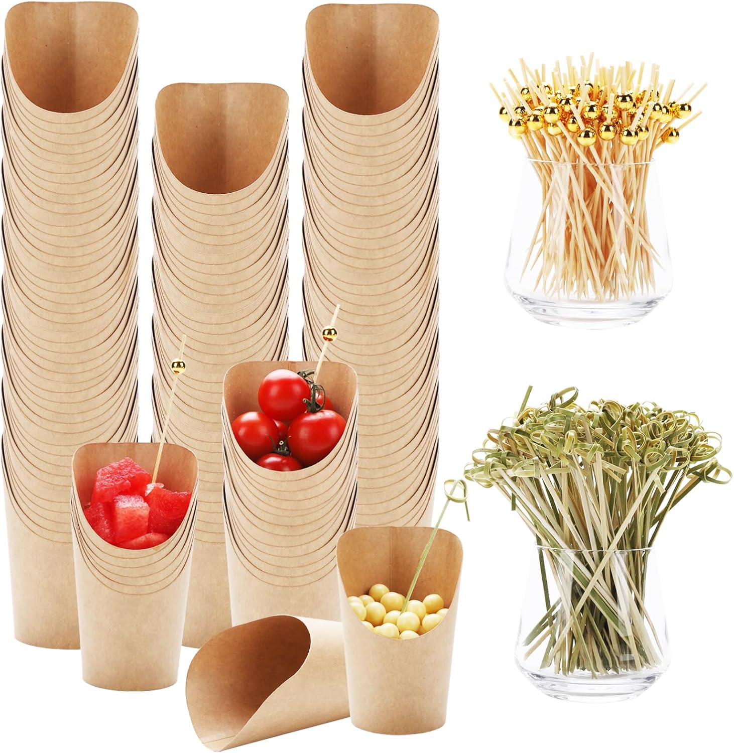 550 Pcs Paper Charcuterie Cups Disposable Set, 150 pcs 14 oz Kraft Paper Appetizer Cups with 400 Bamboo Cocktail Picks, French Fry Cones Food Containers
