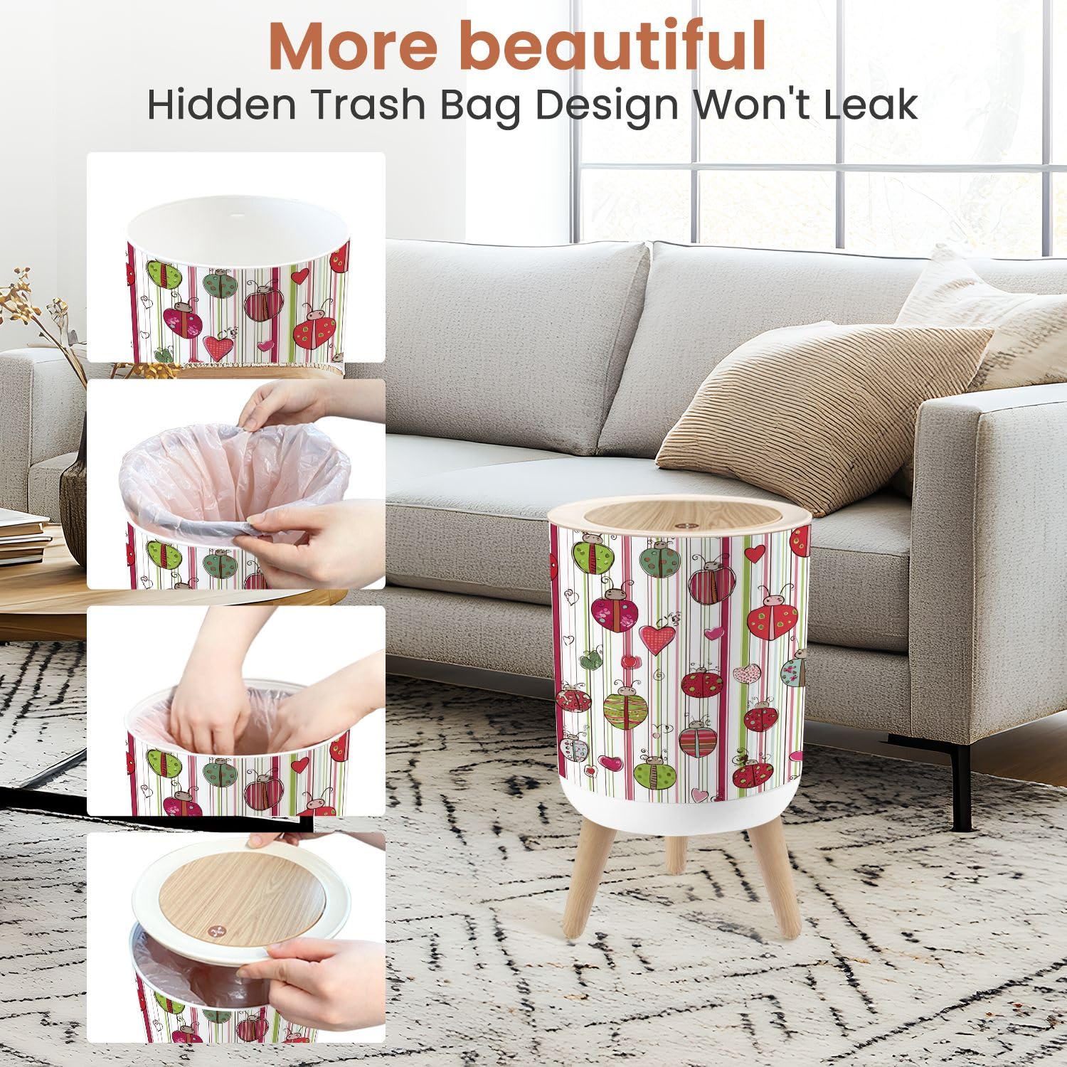 Bathroom Trash Can with Lid Colorful Ladybird Design for Children s Nursery Garbage Bin Waste Basket for Kitchen Office Bedroom Decoration Diaper Pail 1.8 Gallon