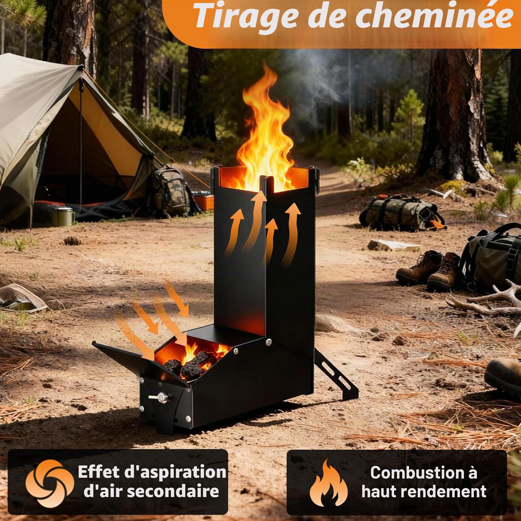 YRHome Four à roquettes en acier inoxydable - Cheminée brasero - Poêle de camping portable en bois, poêle de camping avec sac, réchaud de camping et poêle de terrasse, barbecue de camping pour
