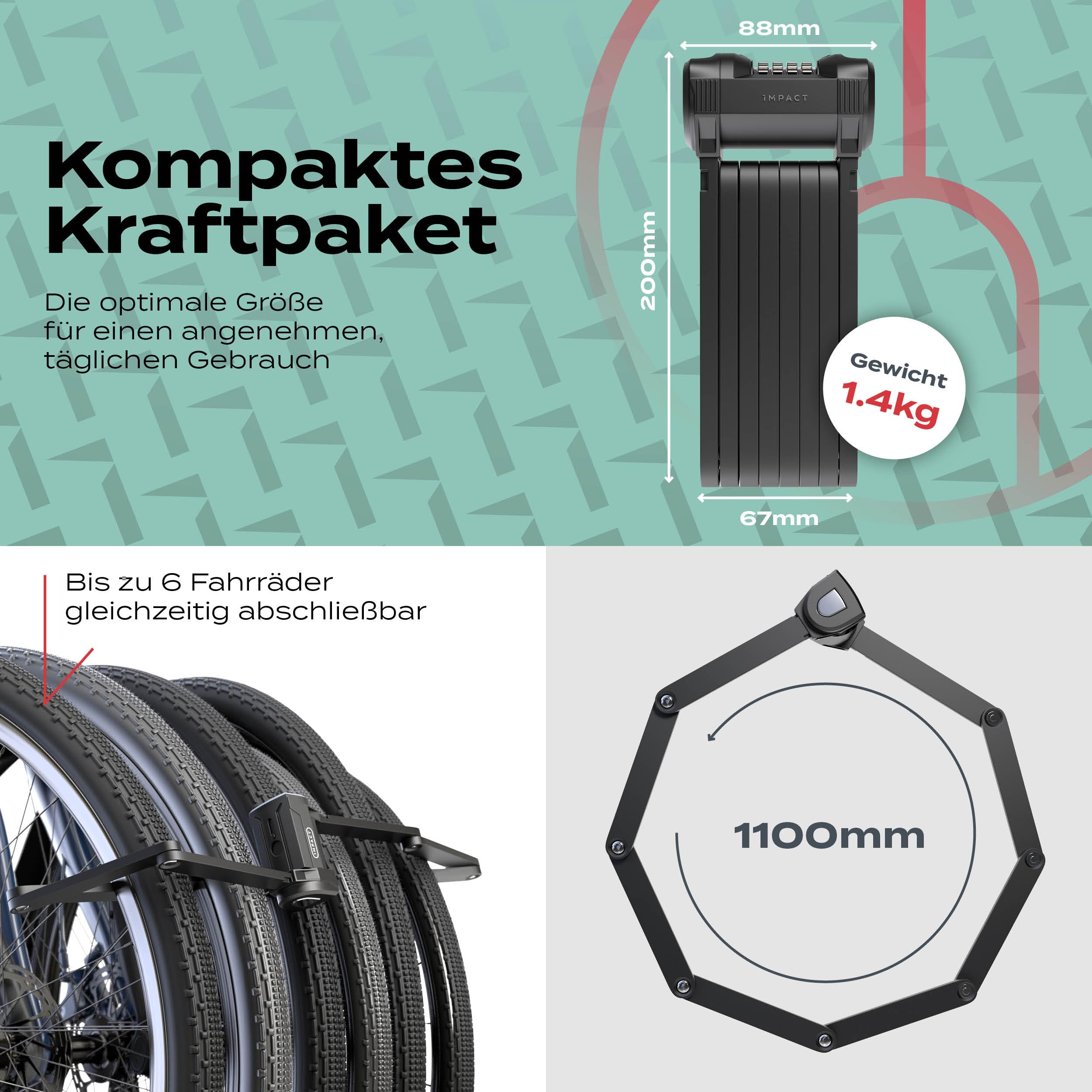 Impact® PortaLock 15 – składane zapięcie rowerowe z zamkiem szyfrowym – poziom bezpieczeństwa 15 – 110 cm z uchwytem – wytrzymałe zapięcie rowerowe z 4-krotnym kodem numerycznym i systemem