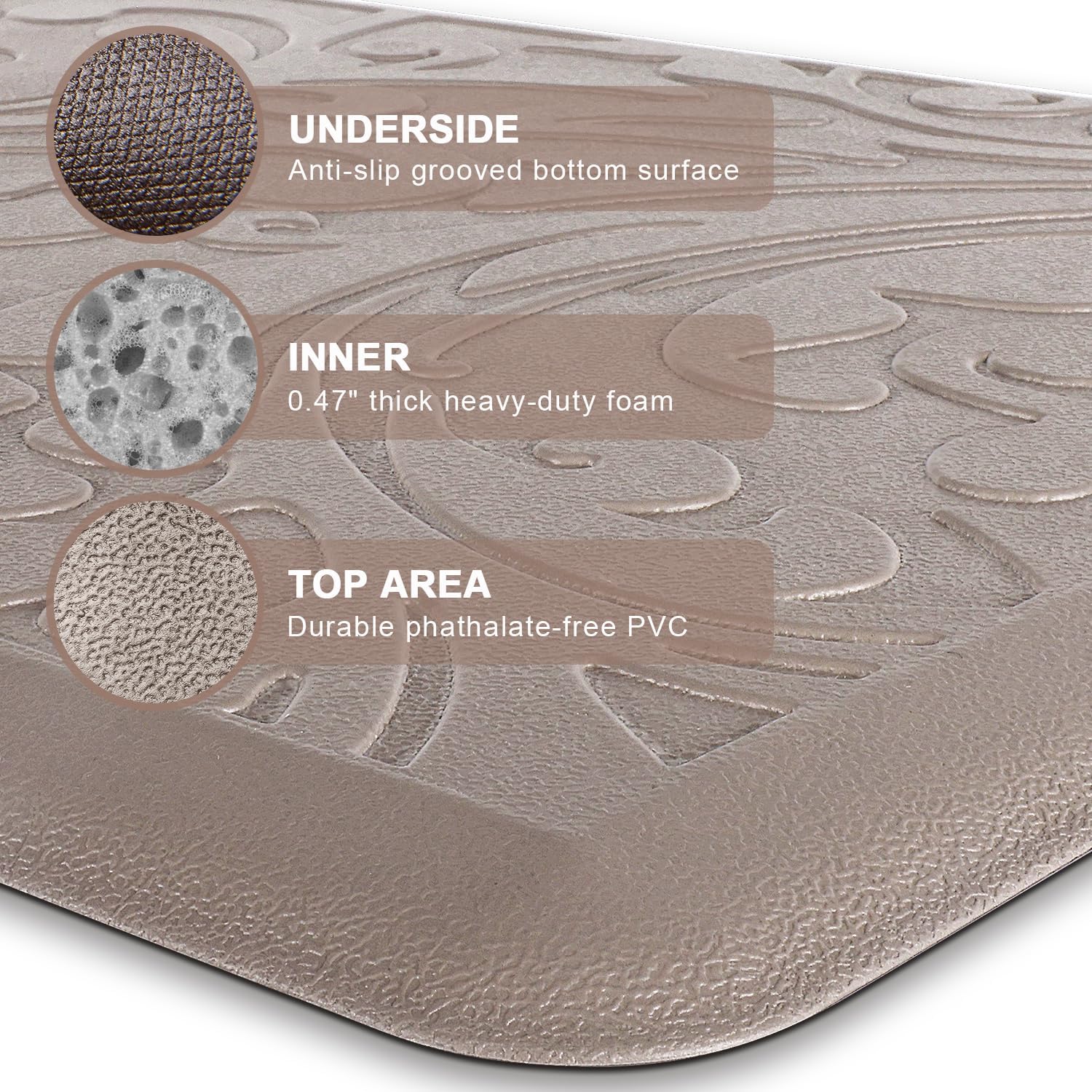 KMAT Kitchen Mat Cushioned Anti-Fatigue Floor Mat Waterproof Non-Slip Standing Mat Ergonomic Comfort Floor Mat Rug for Home,Office,Sink,Laundry,Desk 30"(L) x 20"(W),Khaki