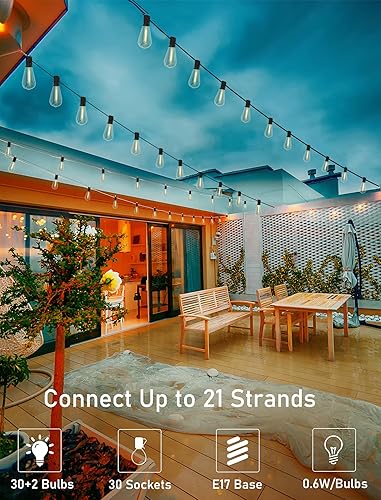 Miniatura 6 de Abeja ST40 - Tira de luces de 45 pies con 30 bombillas LED vintage (2 de repuesto), base de scoket E17, tira de luces LED ST40 para patio, jardín,