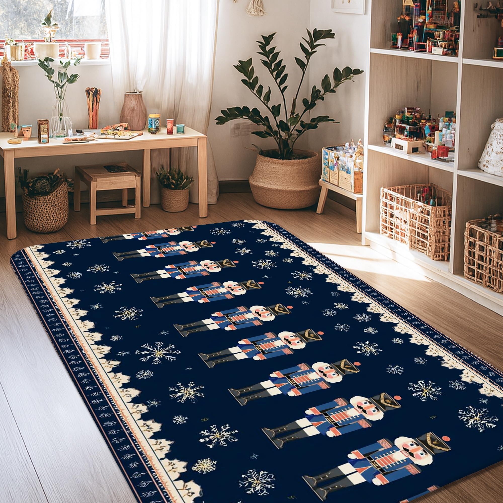 Nutcracker Area Rug, Christmas Festive Snowflake Christmas Tree Navy Blue Non-Slip Carpets Fade Resistant Home Aesthetic Rugs for Living Room Bedroom Dining Desk Office Decor 4' X 6'