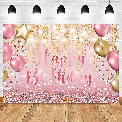 Homewelle Telón de fondo de feliz cumpleaños con purpurina de oro rosa rosa de 7 pulgadas de ancho x 5 pies de alto, globos de diamantes Bokeh