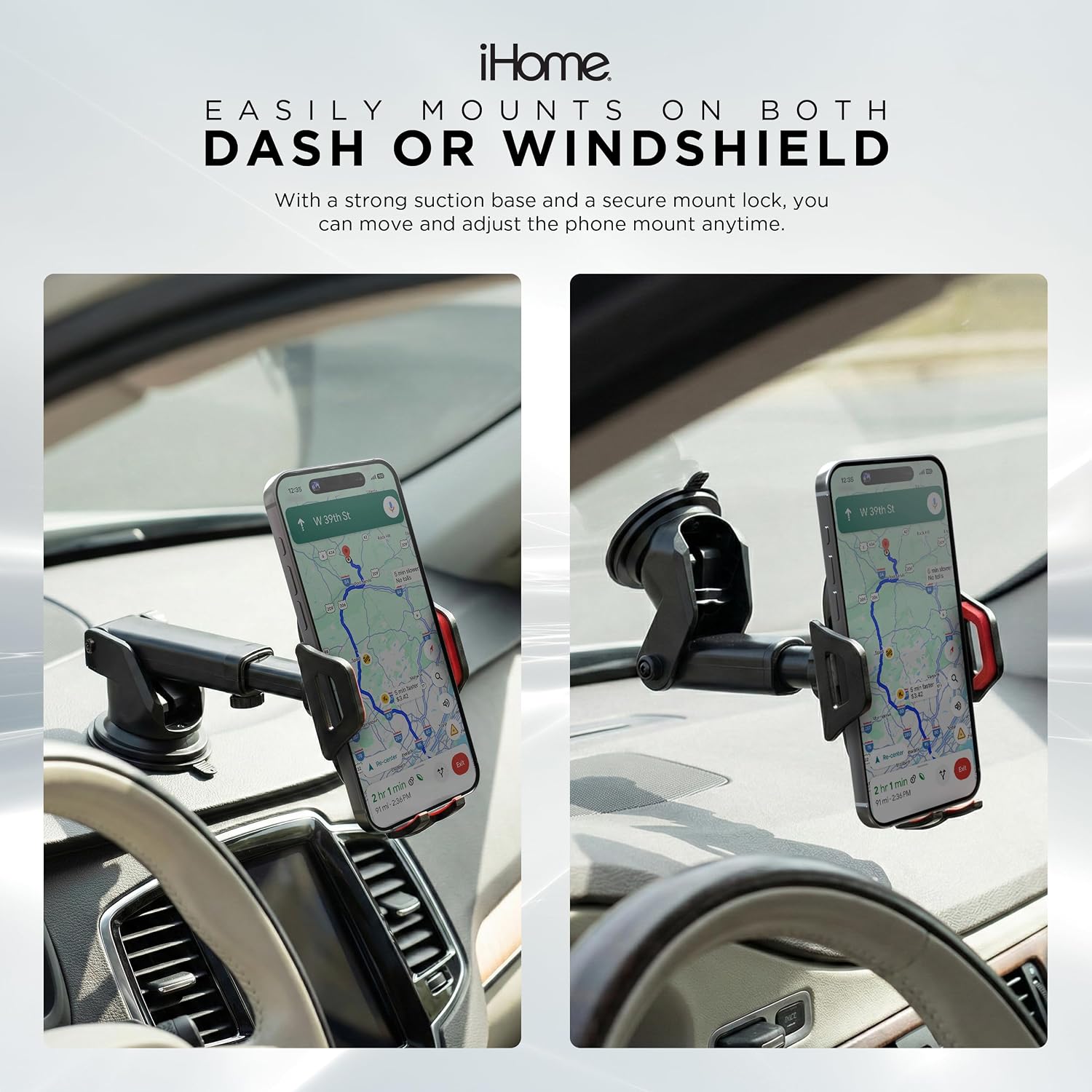 iHome Car Mount, Dashboard/Windshield/Vent Mount, Swivel Neck, Silicone Grip, Adjustable Mount Arm with Suction Cup Base (Adjustable Arm Car Mount) image 4