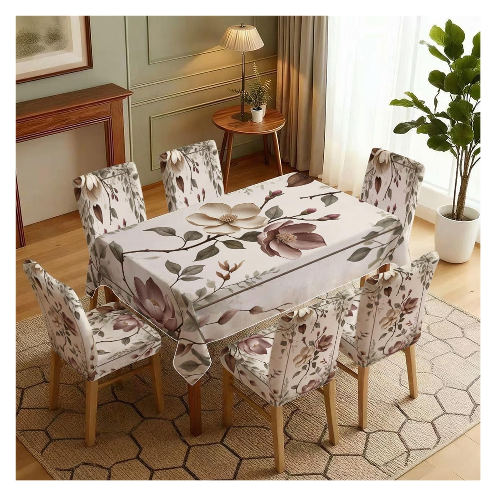 BOSUYBN Vintage Neutral Magnolia Floral Print Dining Tablecloth & Chair Covers Set, 5/7 Piece Rustic Farmhouse Dining Decor Table Setting(7pcs Set: Tablecloth+Chair Covers)