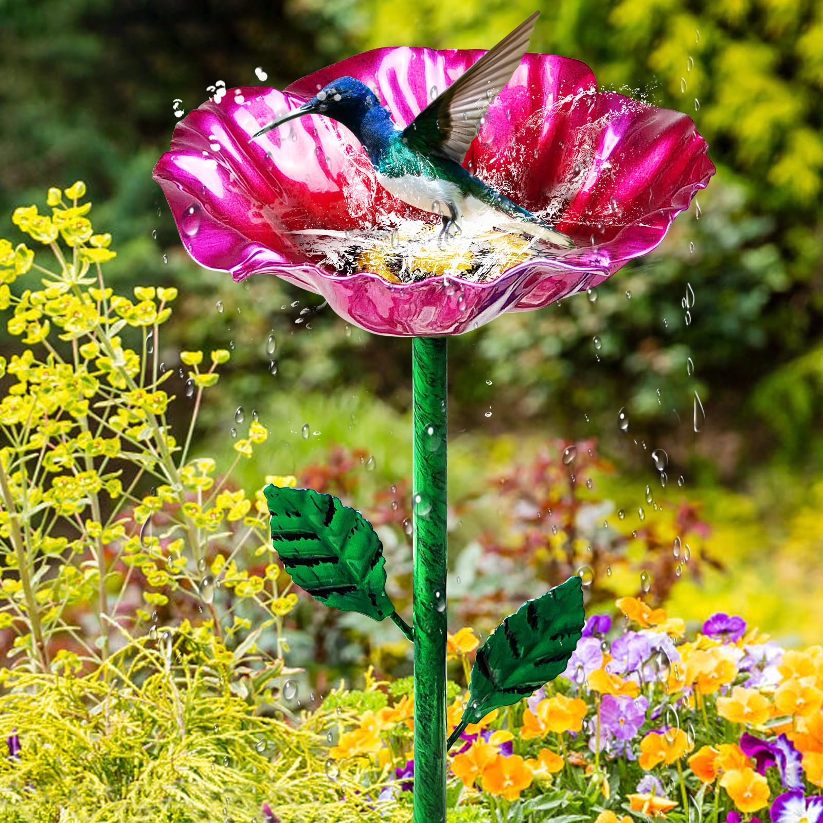 Baños de metal para pájaros para exteriores, baño de pájaros de jardín y comederos para pájaros con estaca de metal, comedero de colibrí para decoración de césped al aire libre (5 piezas)