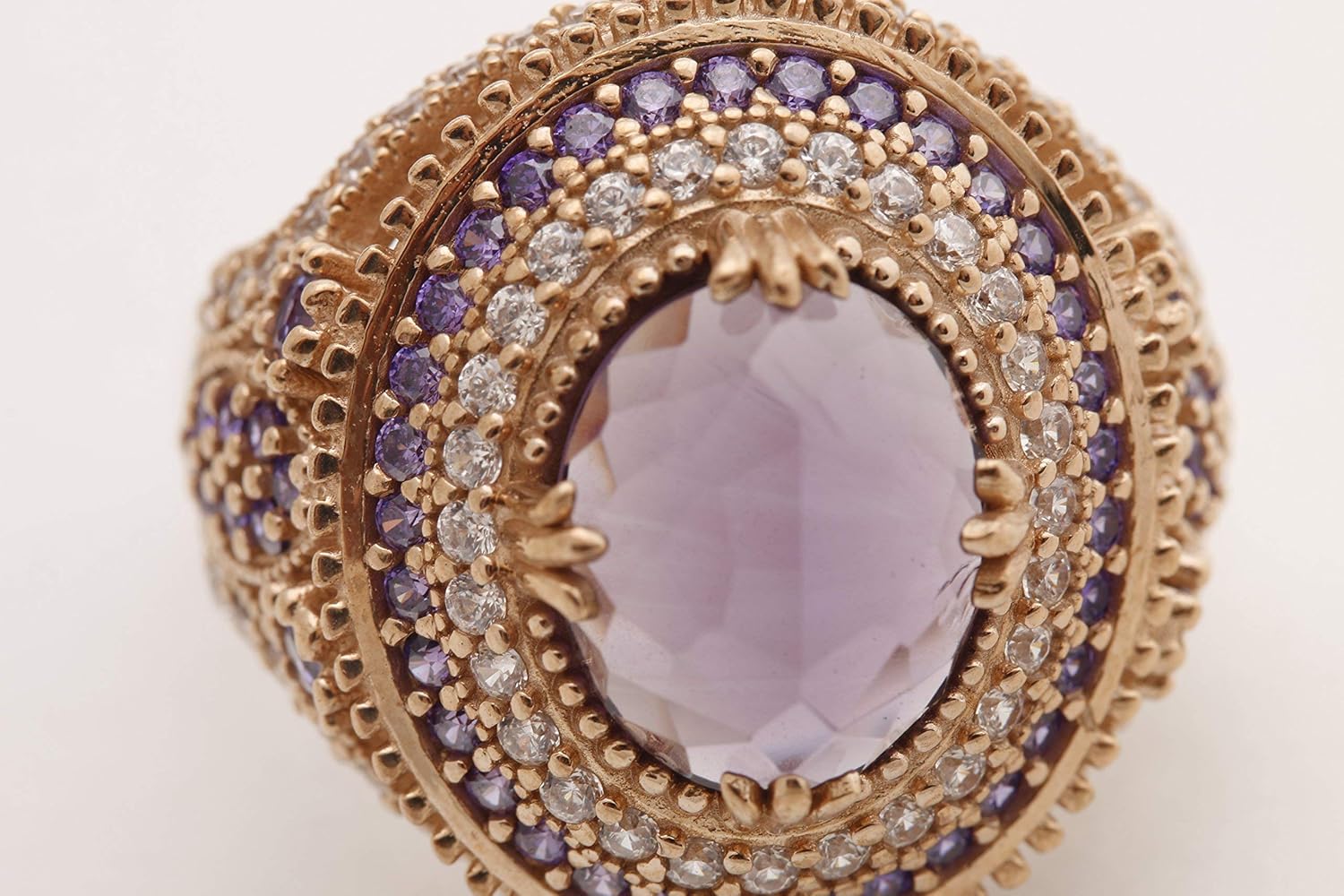 Turkish Handmade Jewelry Oval Shape Amethyst and Round Cut Amethyst Topaz 925 Sterling Silver Ring Size Option