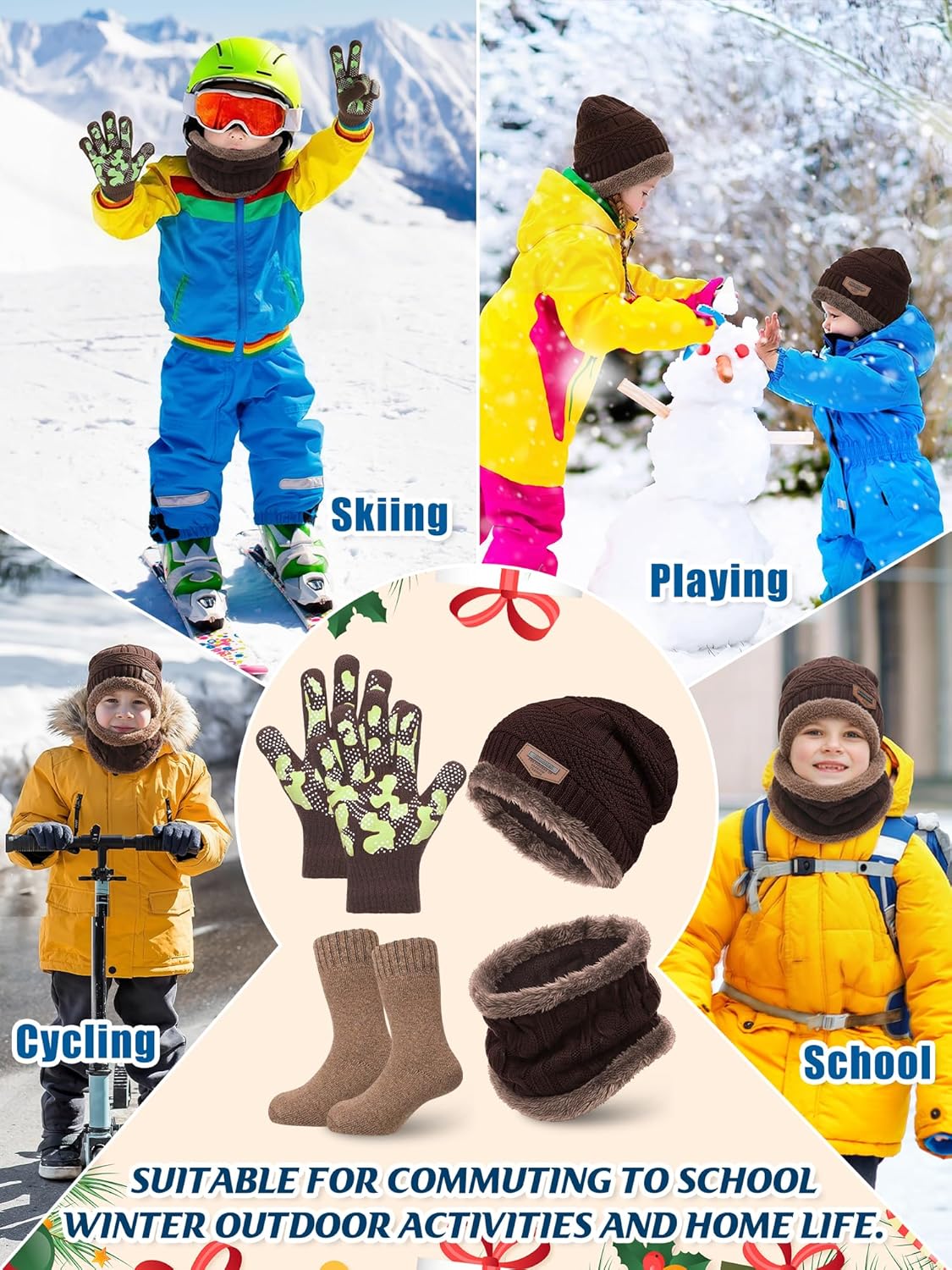 4 Pcs Kids Toddlers Winter Knit Beanie Hat Scarf Gloves Socks Warm Set Anti Skid for Boys Girls 3-6 Years - Image 6