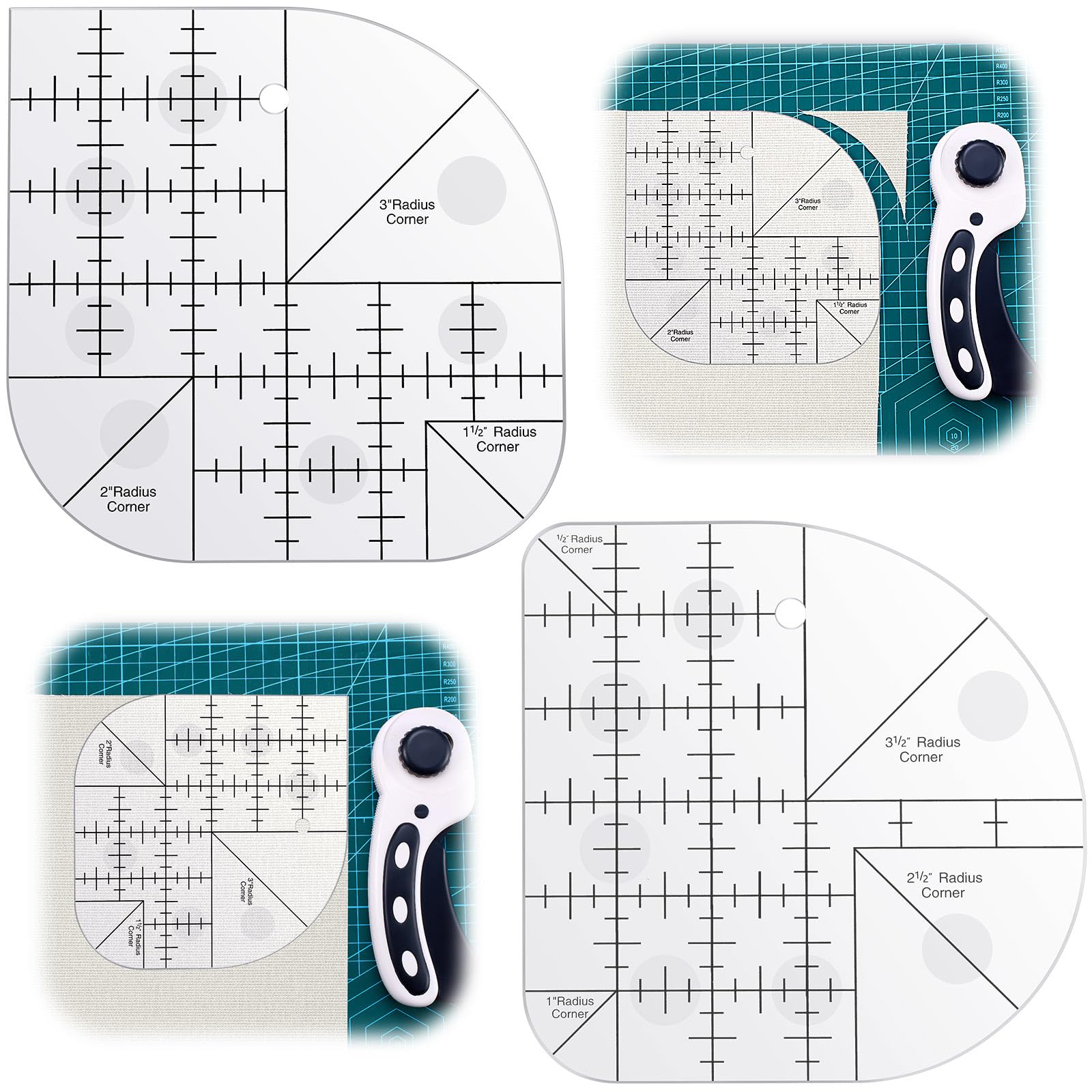 Kigley 2 piezas de regla de costura acrílica curvada para coser patchwork, regla de retazos de 0.5/1/1.5/2/2.5/3/3.5 esquinas de radio + plantillas de acolchado de ángulo recto para suministros de