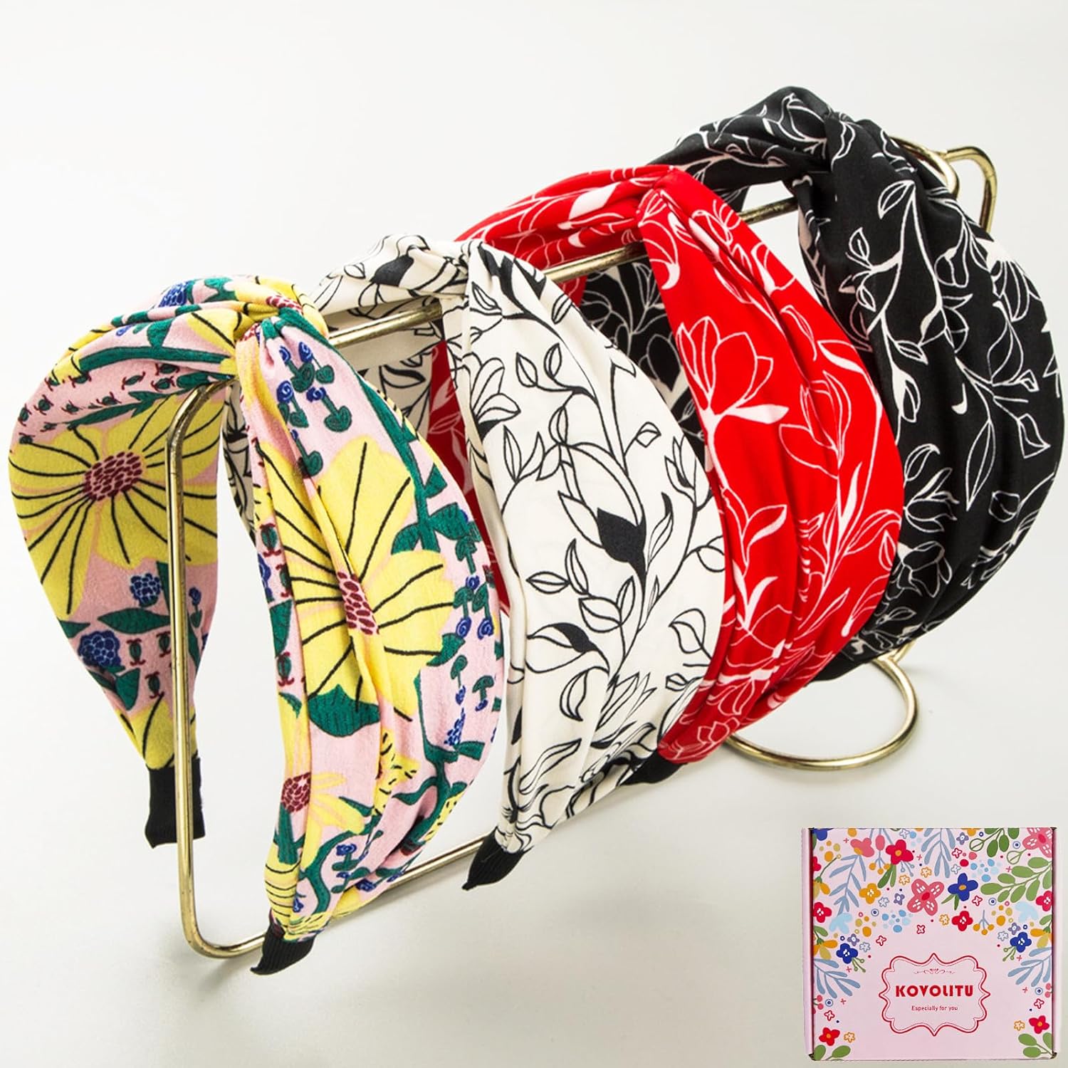 4 Pack Floral Printed Headbands Wide Knotted Headbands for Women Cross Knot Fashion Hair Bands-Bohomia