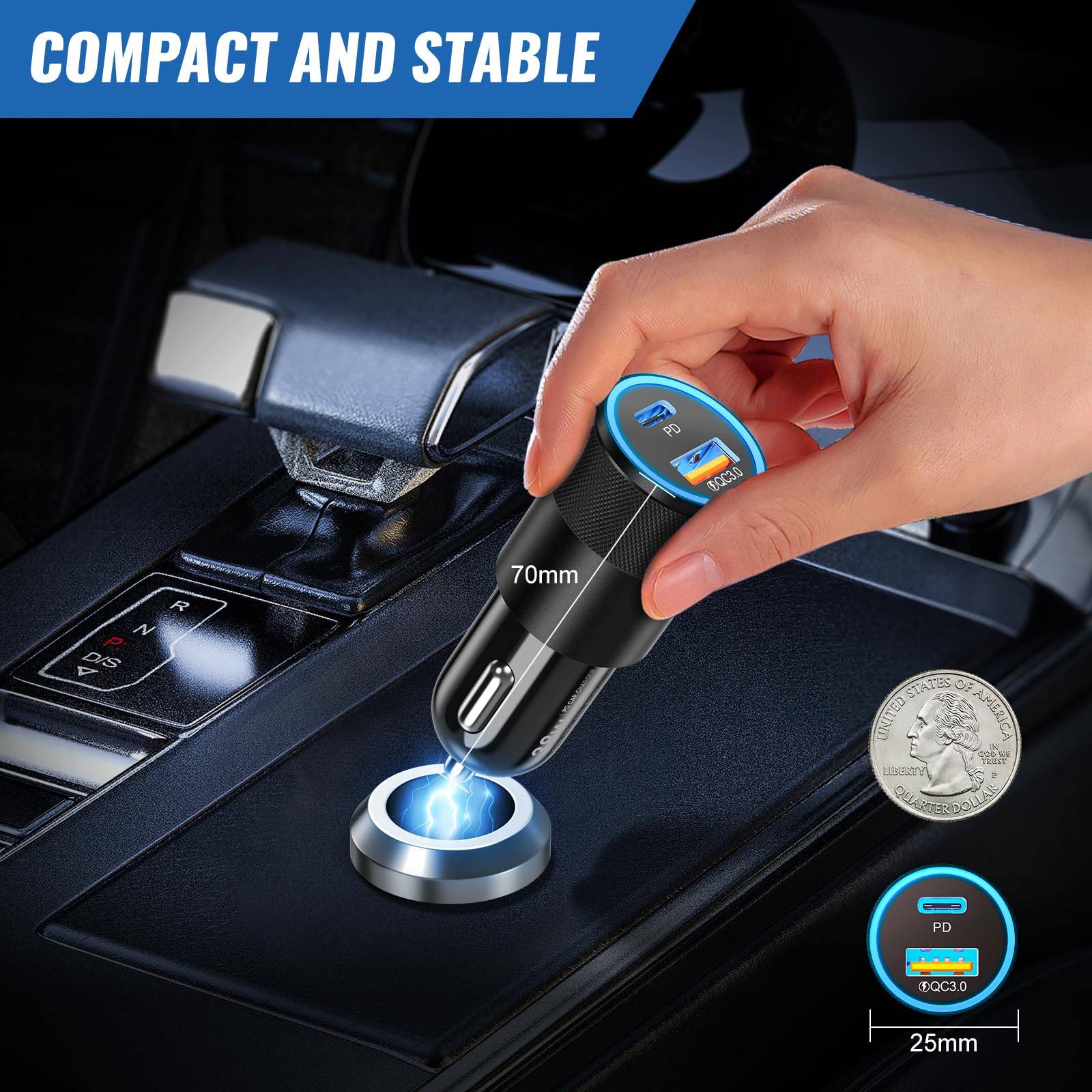 2Pack 38W USB C Caricabatteria da auto ricarica rapida | Adattatore accendisigari, Dual USBC & USB-A Caricabatteria da auto, Multi Port QC 3.0 Cargador Para Carro, Presa USB 12v