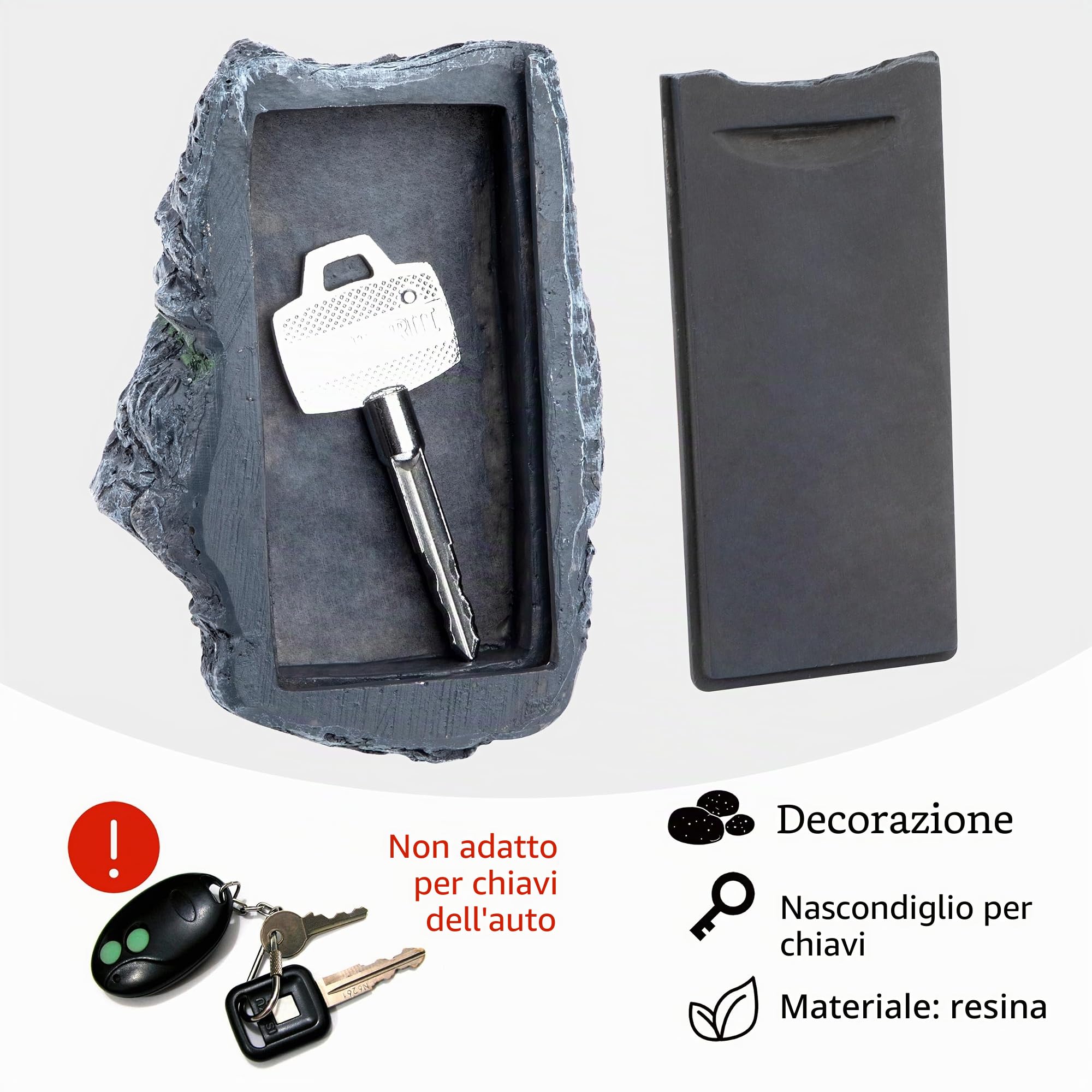Nascondiglio Chiave Pietra con Scomparto Segreto, Finta Pietra Nascondiglio Chiave per Esterni, Giardino e Al di Fuori, Roccia Artificiale in Resina per Geocaching (Grigio Scuro)