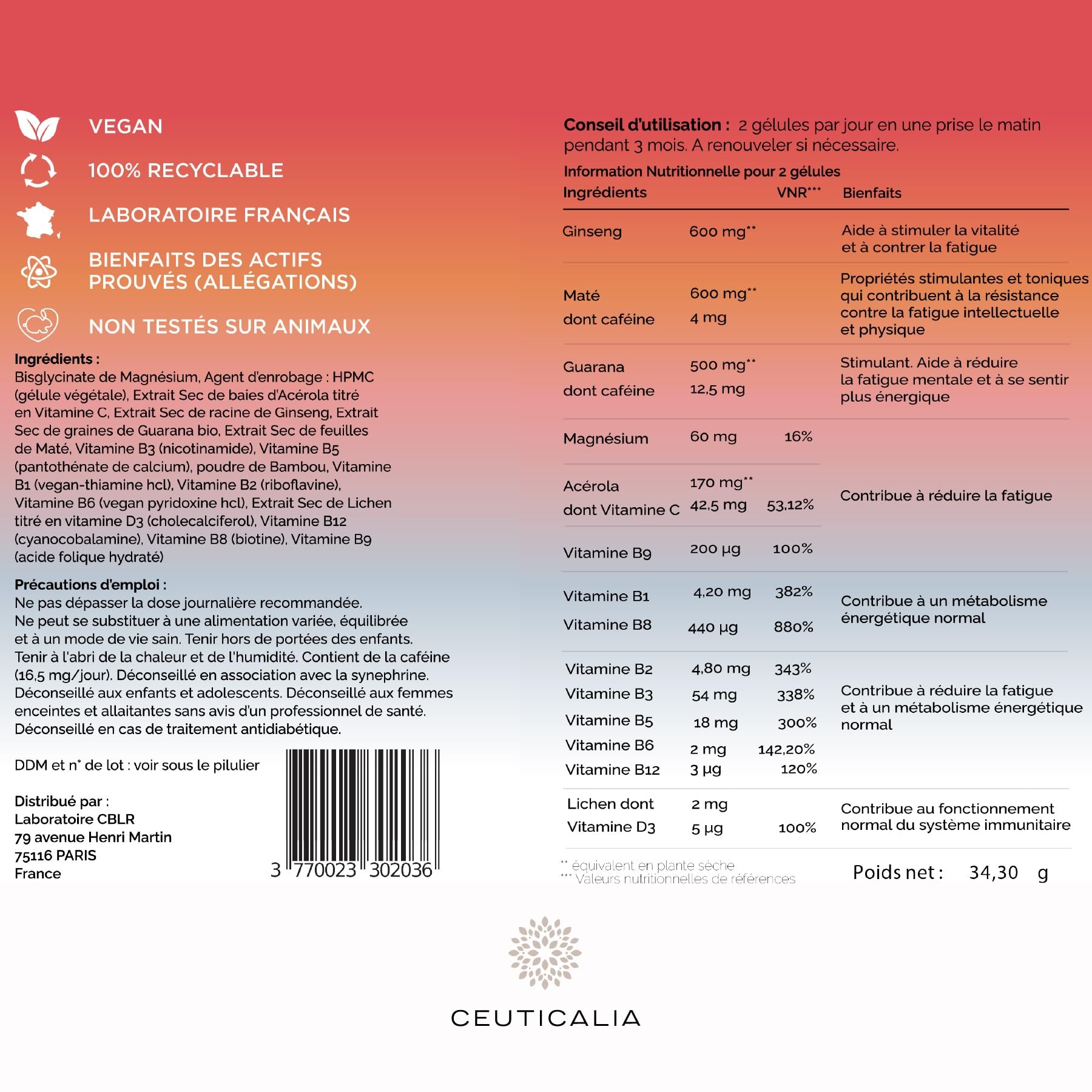 Complément Alimentaire Énergie et Vitalité - Boost Energie Anti Fatigue et Épuisement - Pour Adulte - Ginseng, Guarana, Maté, Acérola, Magnésium, Vitamines D et B - 180 Gélules - 90 Jours