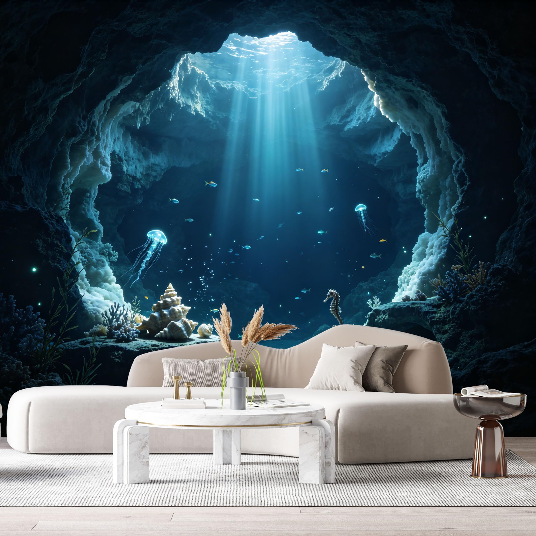 Custom Size Wall Murals Ocean Marine 3D Underwater Cave Jellyfish Seahorse Octopus SelfAdhesiveWall Fabric Removable Wallpaper Wall Decor for Living Room Bedroom Bathroom